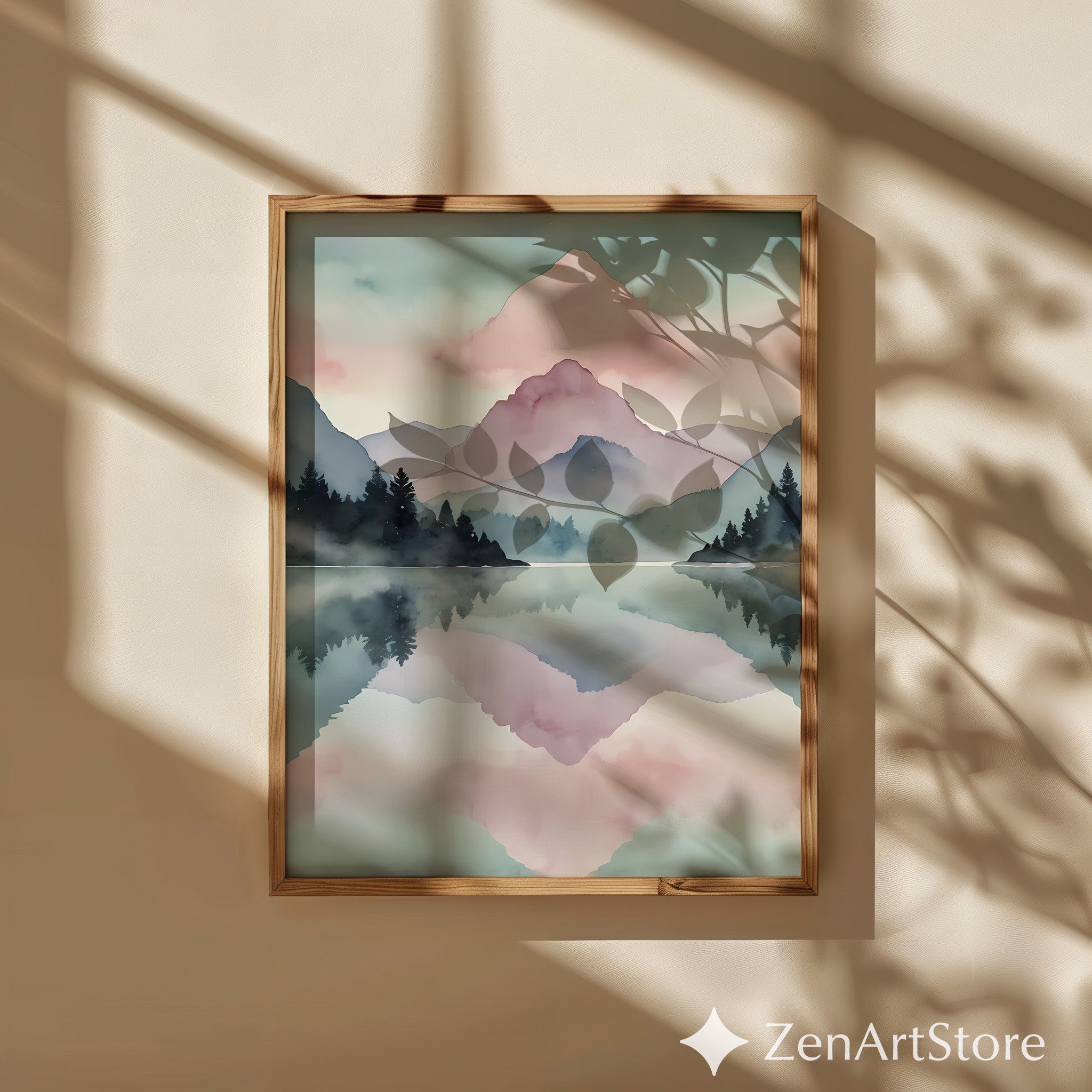 Pastel Mountain Watercolor Print - Serene Lake Reflection Wall Art, Minimal Japandi Scandinavian Home Decor