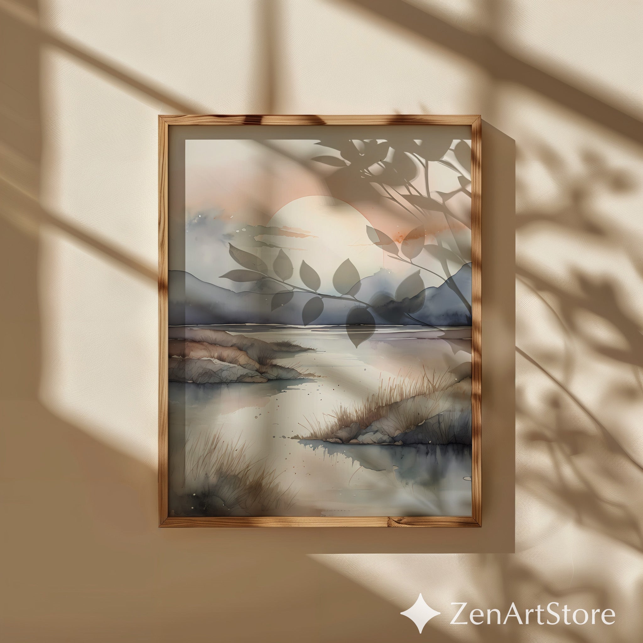 Serene Sunrise Watercolor Landscape Print - Neutral Japandi Minimal Wall Art for Living Room
