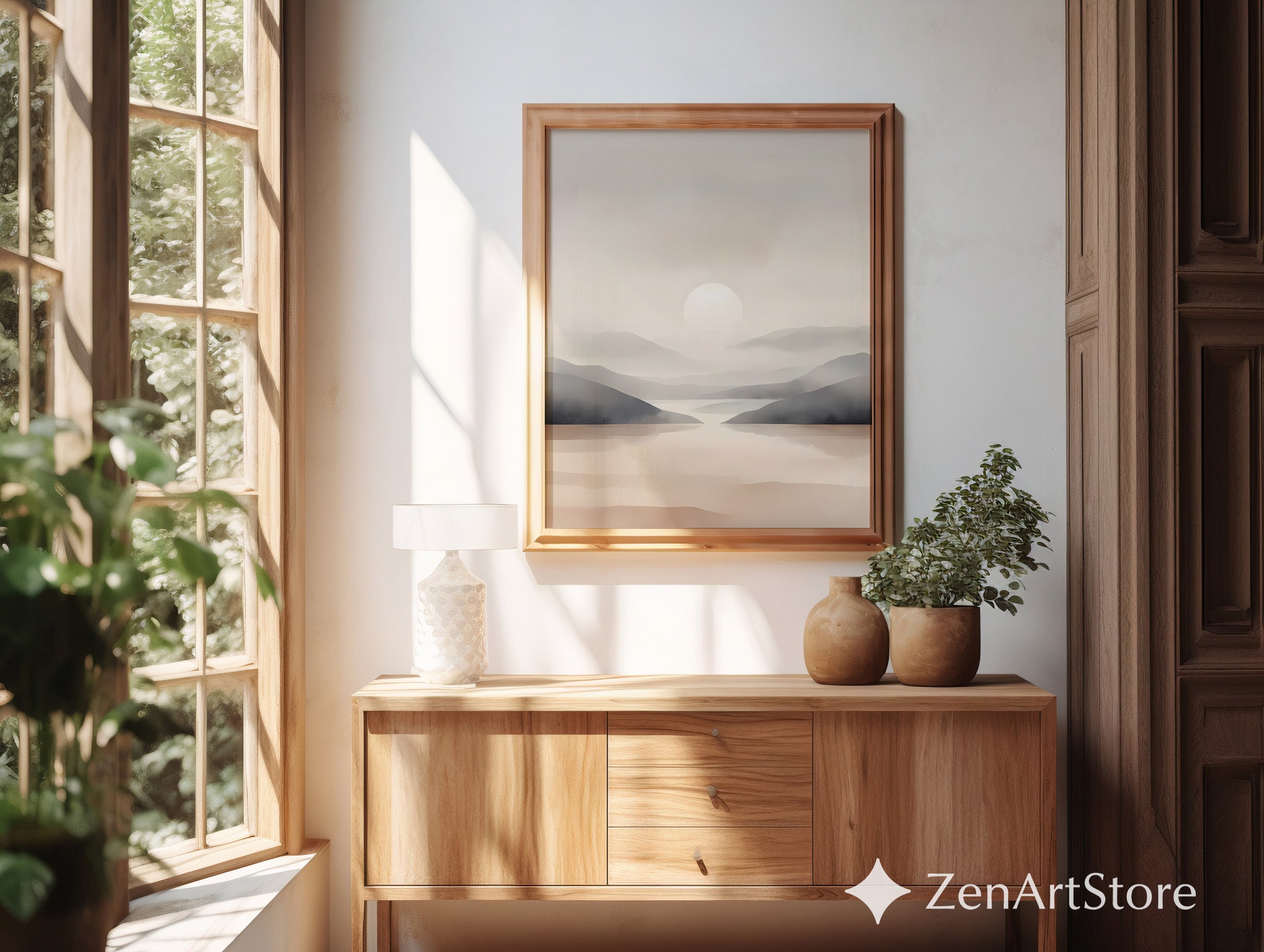 Minimal Neutral Landscape Wall Art | Calm Beige Sunrise Abstract Print for Living Room, Bedroom, Japandi, Scandinavian Home Decor