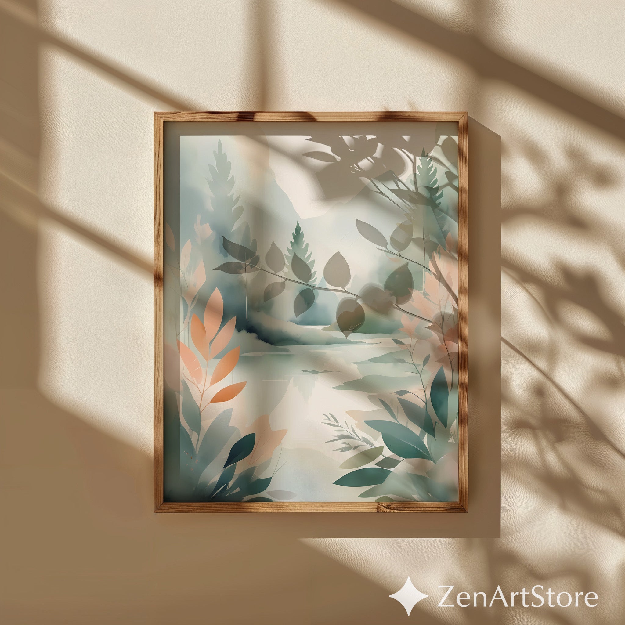 Serene Minimal Landscape Print - Neutral Botanical Watercolor Wall Art for Living Room, Japandi Calm Modern Home Decor