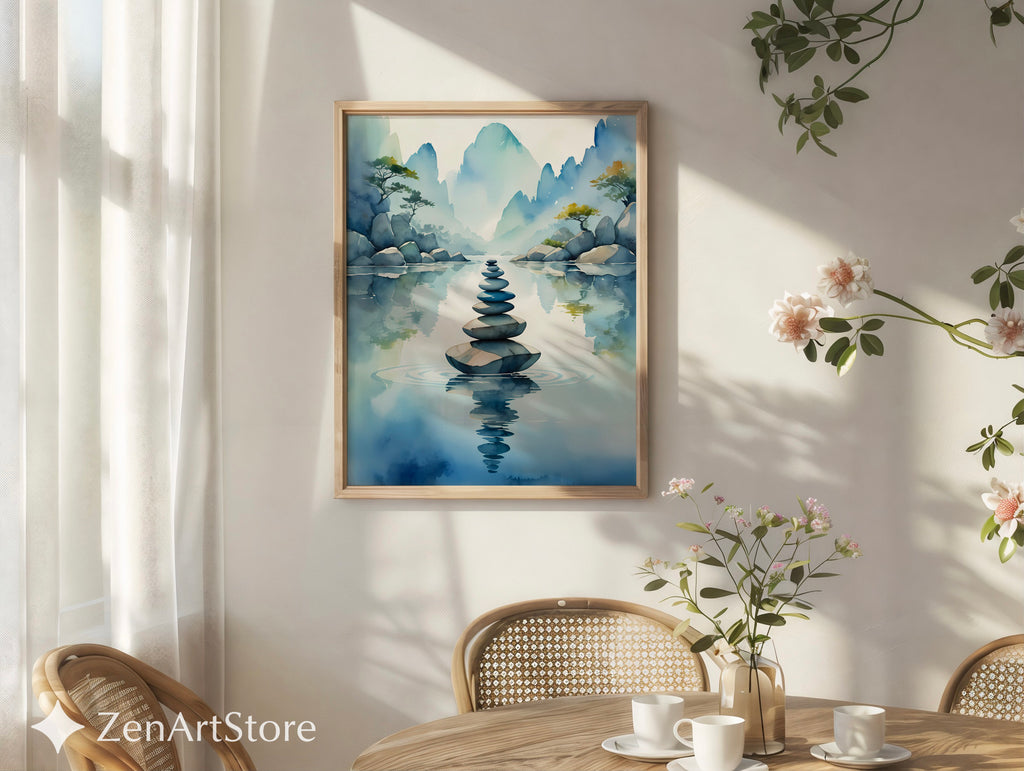 Zen Stone Stack Watercolor Print - Minimal Japandi Landscape Wall Art for Living Room, Bedroom & Meditation Space
