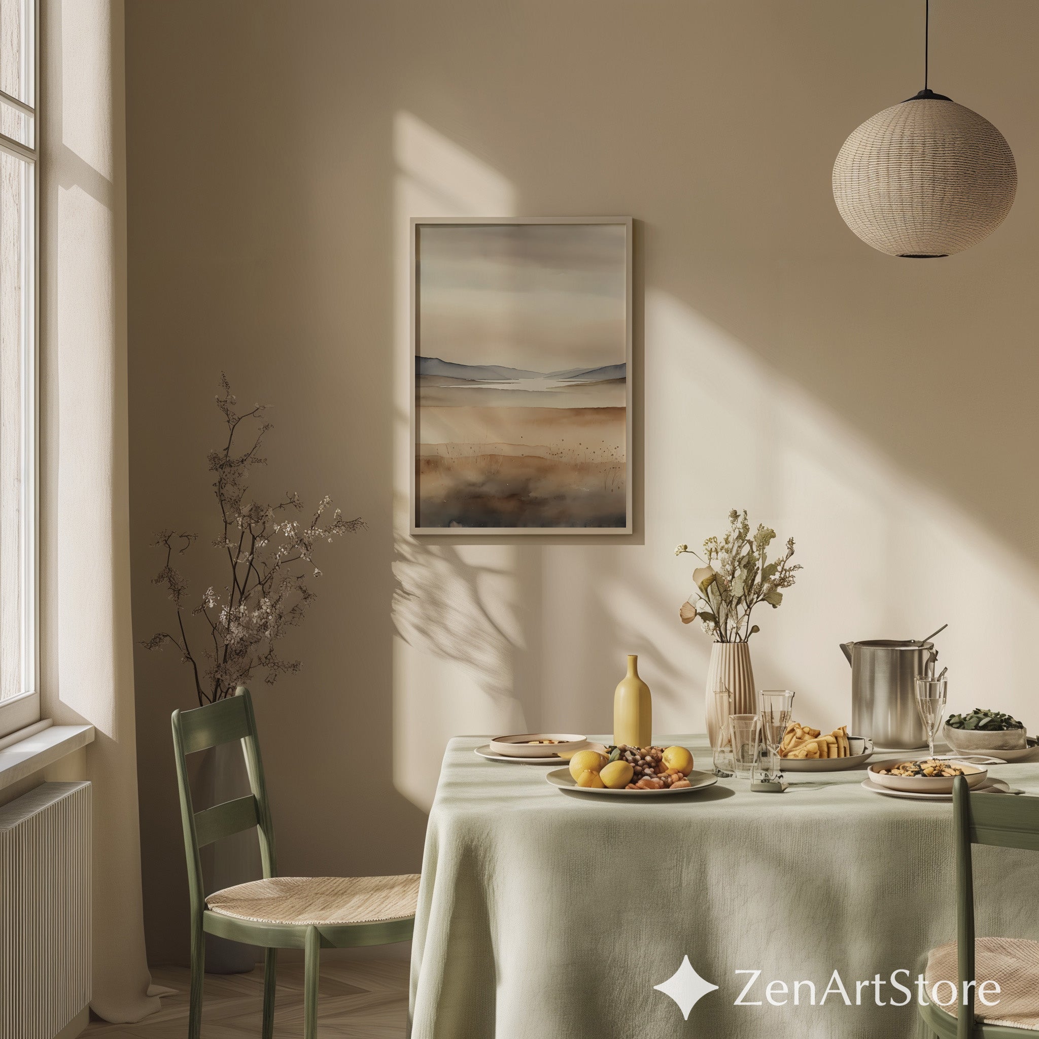 Neutral Watercolor Landscape Print - Minimal Beige & Gray Wall Art for Living Room, Japandi Scandinavian Home Decor