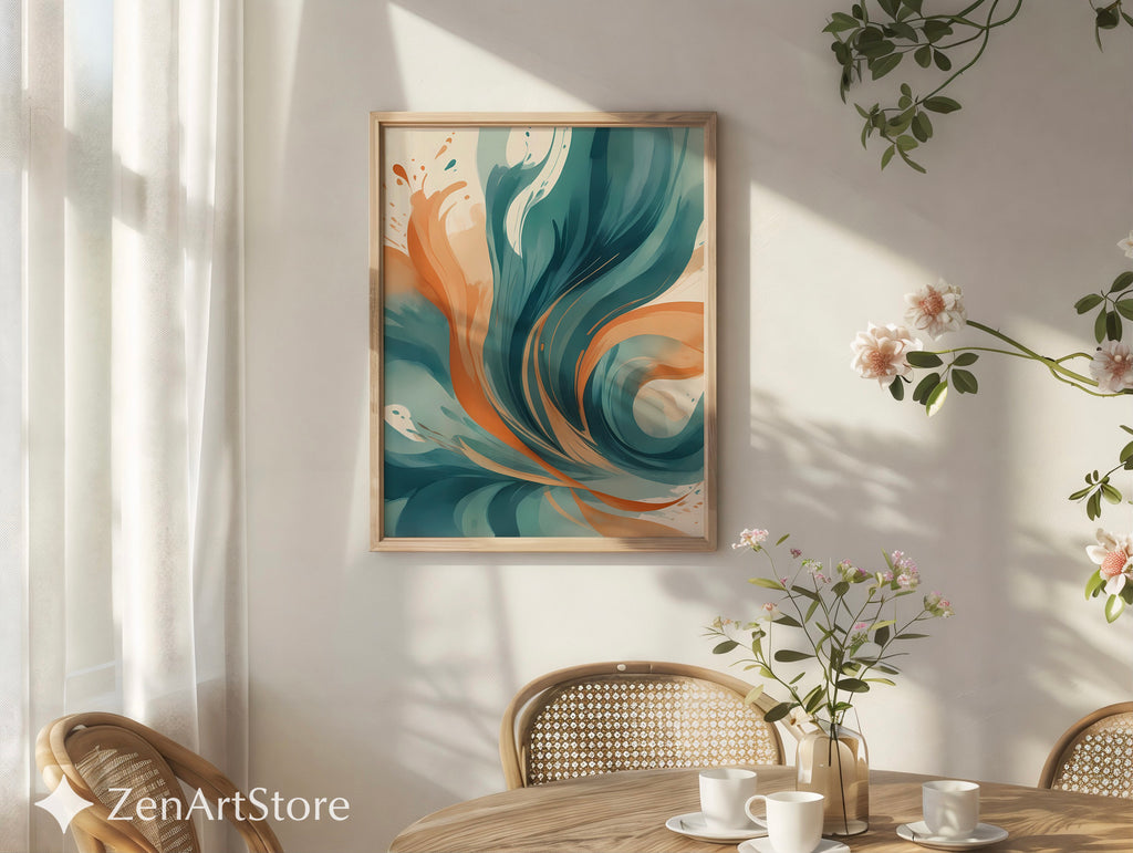 Abstract Teal & Terracotta Wall Art - Modern Minimalist Printable Canvas, Calm Japandi Living Room Decor