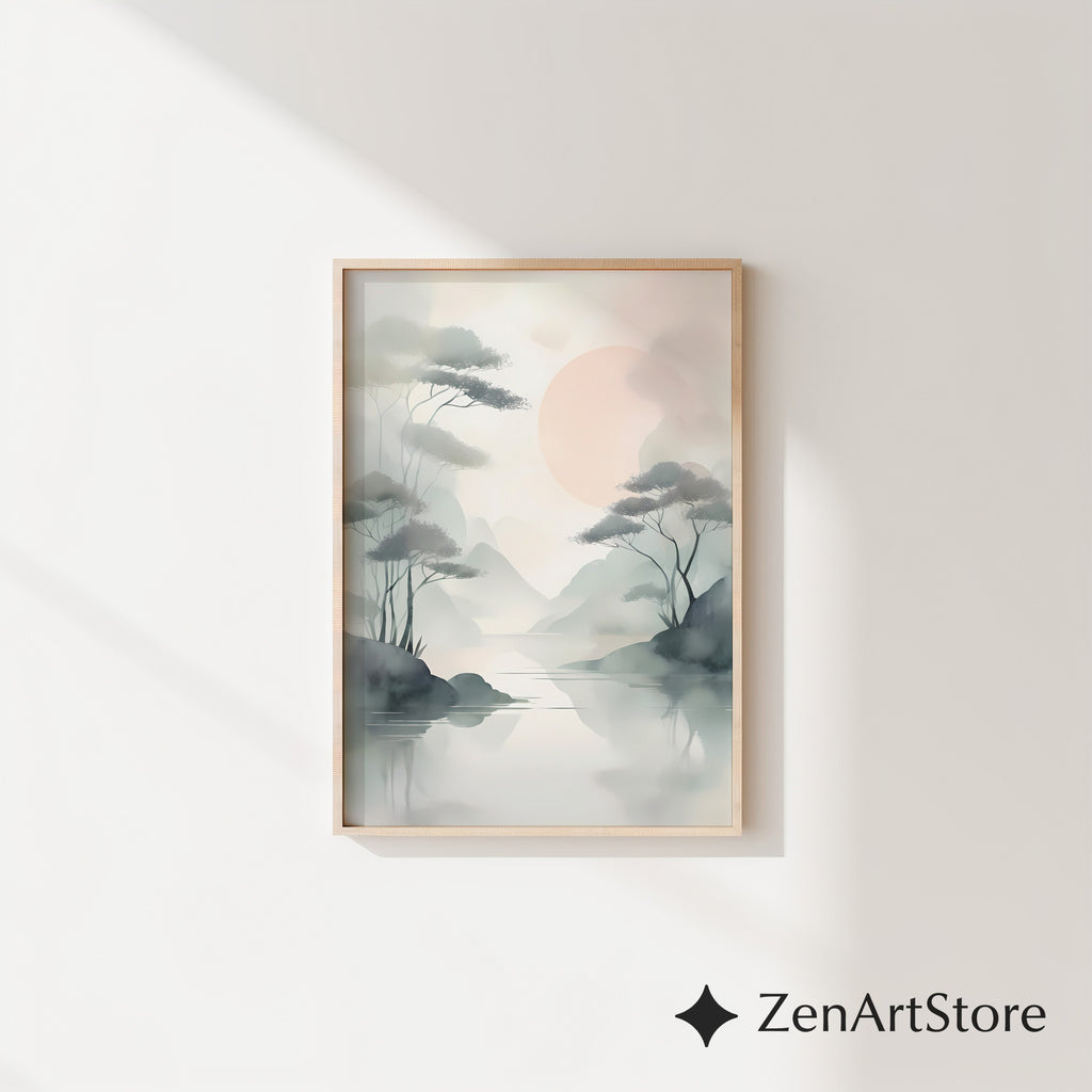 Misty Zen Landscape Print - Minimal Japandi Wall Art with Blush Sun and Tree Reflections - Wabi Sabi Neutral Home Decor