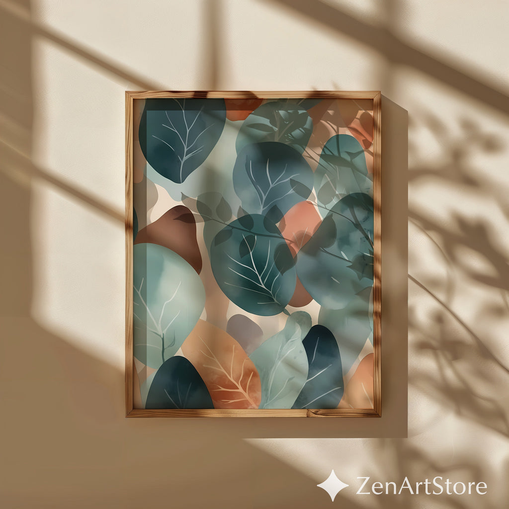 Abstract Botanical Leaf Art Print Teal & Terracotta Minimal Japandi Scandinavian Wall Decor
