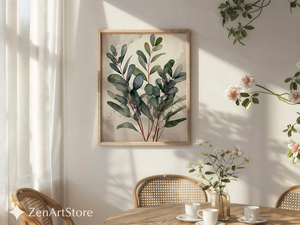 Minimal Eucalyptus Botanical Wall Art - Neutral Japandi Watercolor Print for Living Room Bedroom - Calm Scandinavian Plant Poster