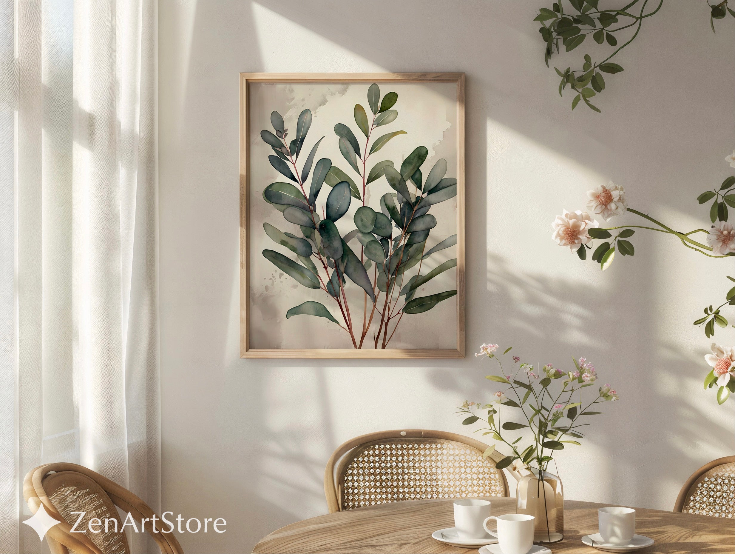 Minimal Eucalyptus Botanical Wall Art - Neutral Japandi Watercolor Print for Living Room Bedroom - Calm Scandinavian Plant Poster