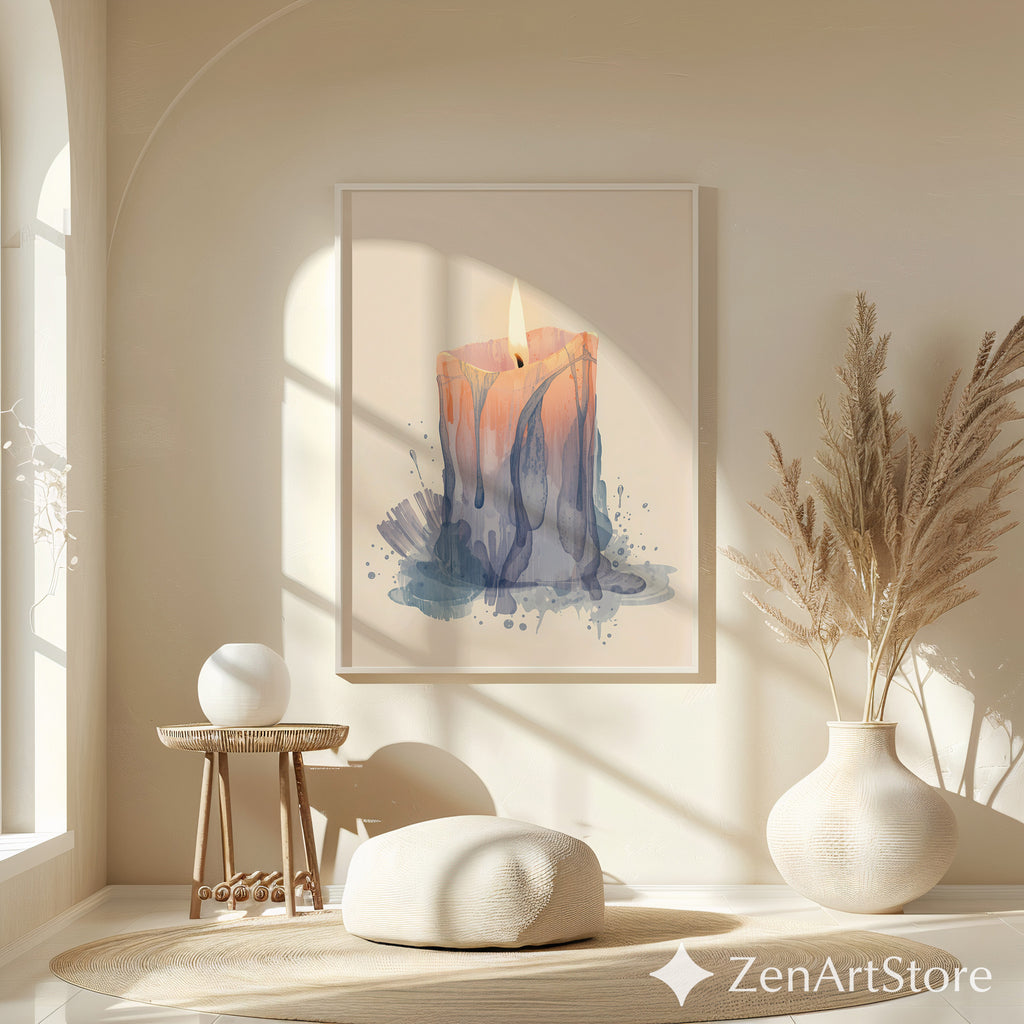 Melting Candle Minimal Art Print - Wabi Sabi Japandi Neutral Wall Decor, Beige Blue Abstract Candle Painting