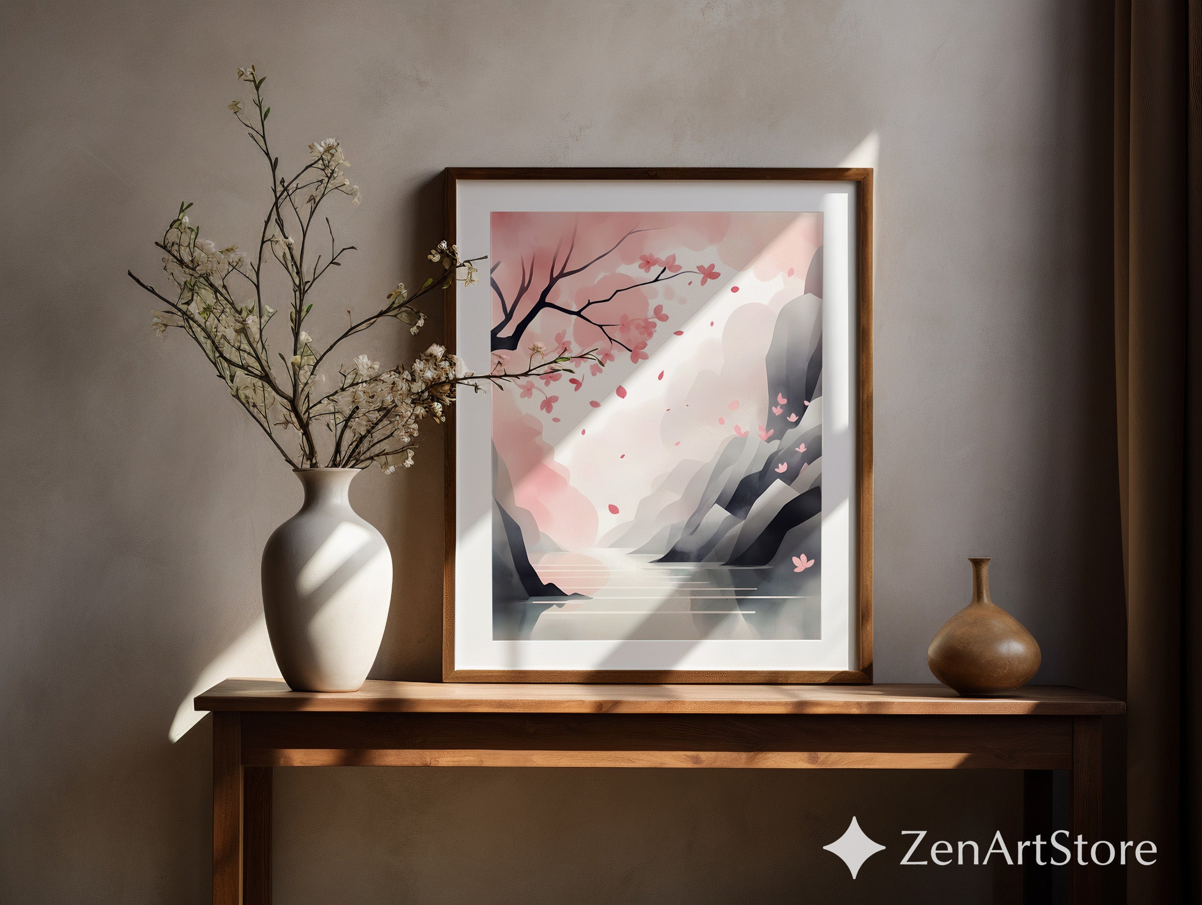 Cherry Blossom Landscape Print - Minimal Sakura Wall Art Pastel Pink Japandi Zen Print for Living Room Bedroom Nursery