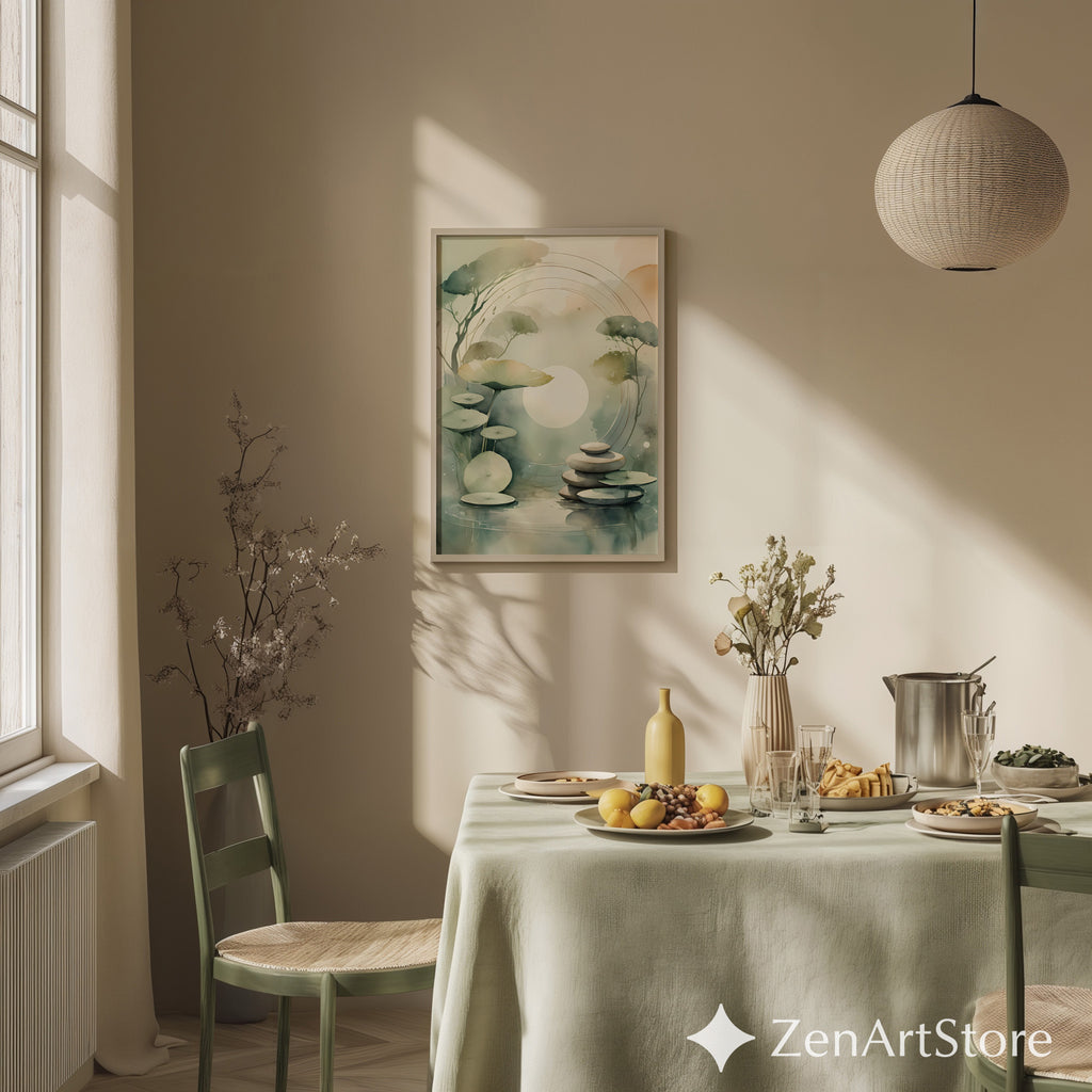 Zen Lotus Pond Wall Art - Minimal Japandi Botanical Print, Calming Neutral Green Landscape for Home Decor