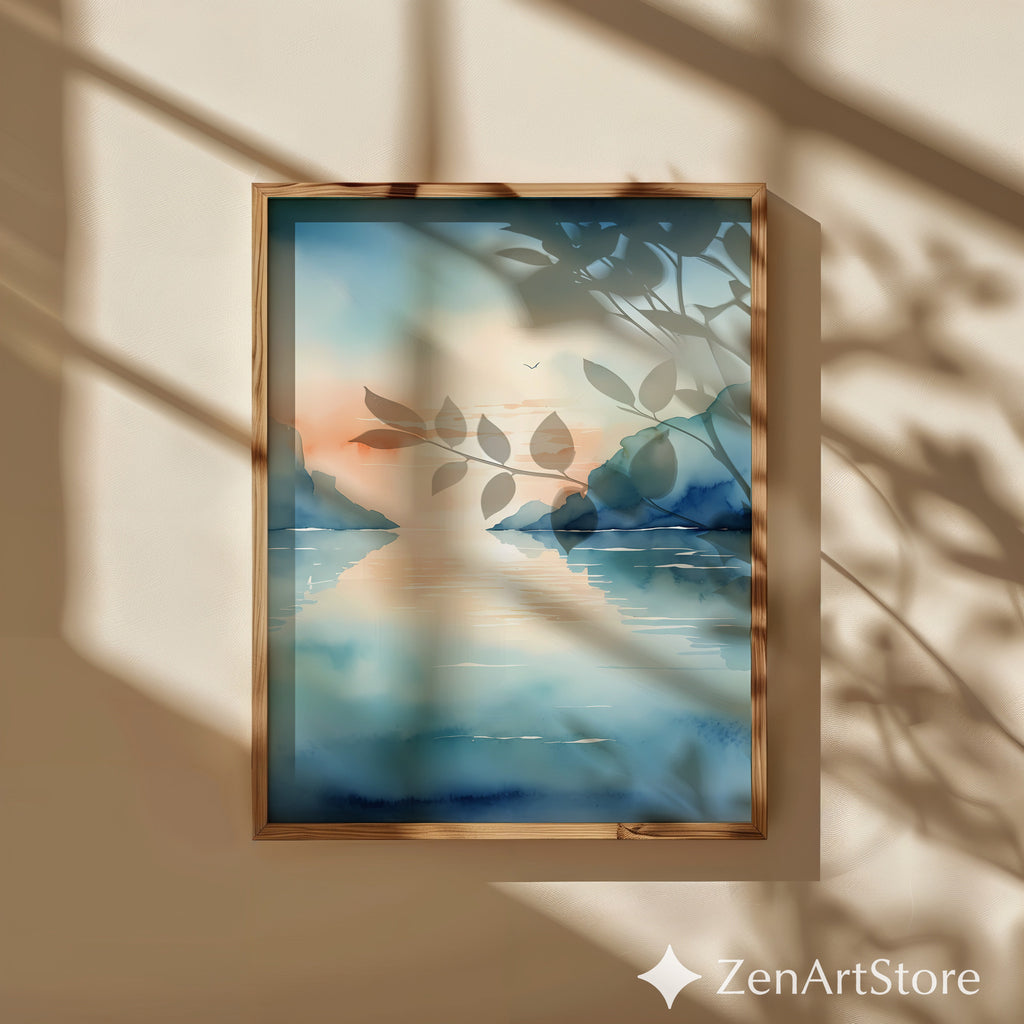 Calm Coastal Sunset Watercolor Print - Minimal Seascape Wall Art, Zen Japandi Blue Peach Ocean Landscape