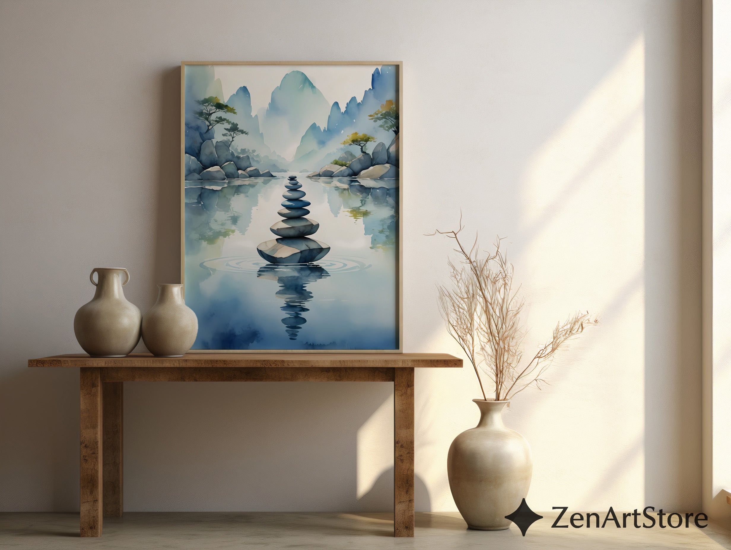 Zen Stone Stack Watercolor Print - Minimal Japandi Landscape Wall Art for Living Room, Bedroom & Meditation Space