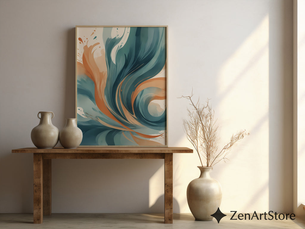 Abstract Teal & Terracotta Wall Art - Modern Minimalist Printable Canvas, Calm Japandi Living Room Decor
