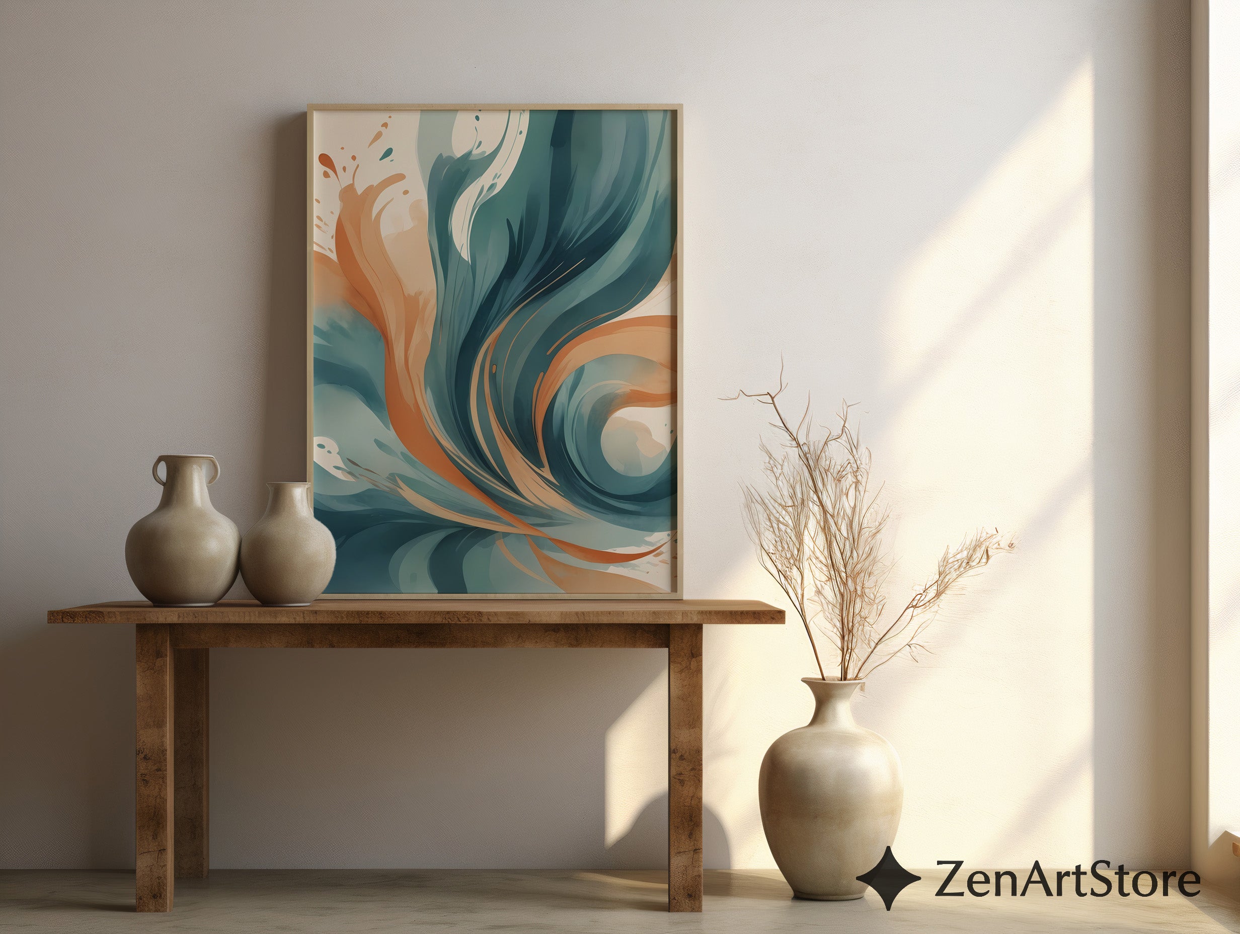 Abstract Teal & Terracotta Wall Art - Modern Minimalist Printable Canvas, Calm Japandi Living Room Decor