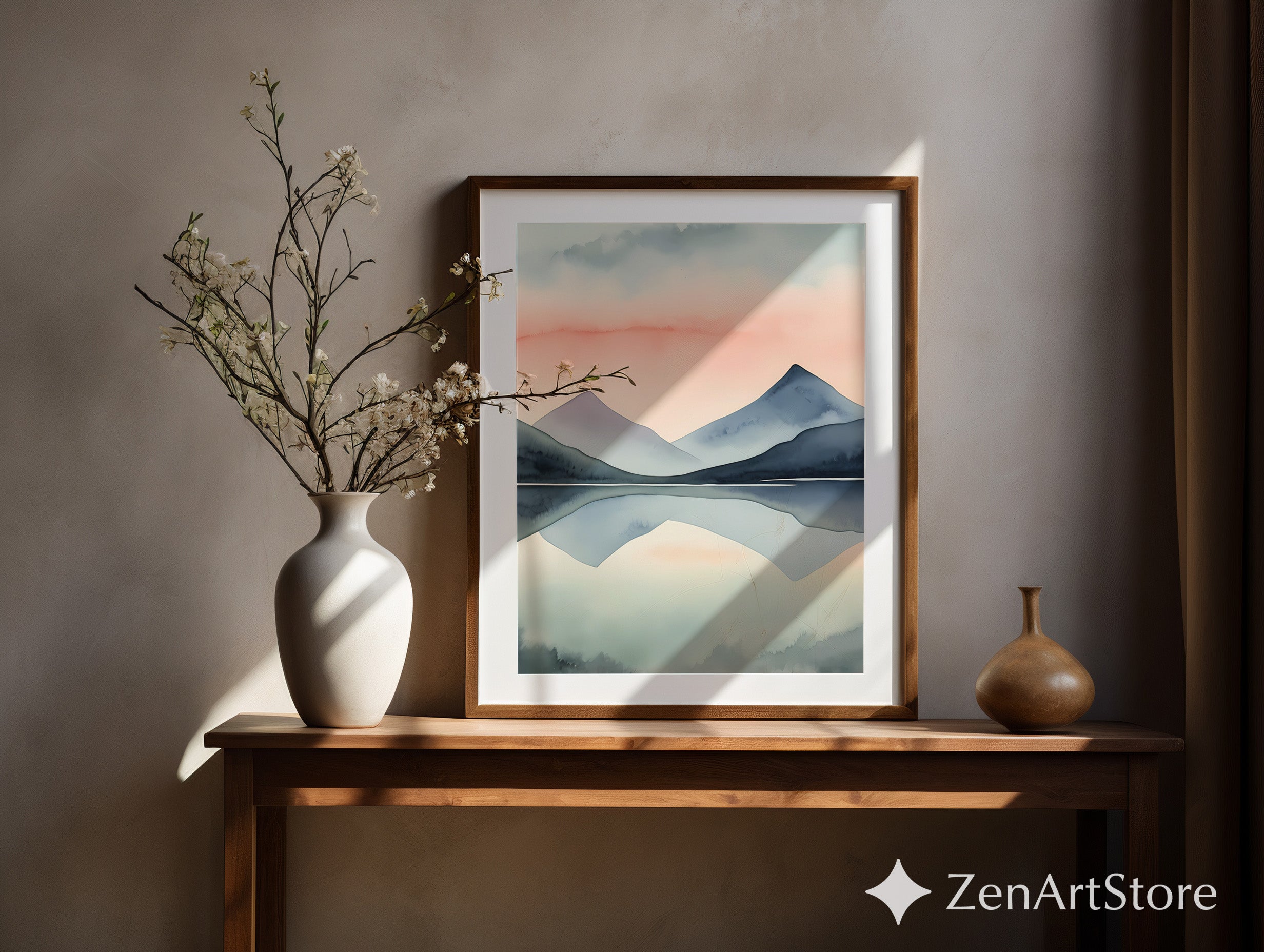 Minimal Mountain Watercolor Print - Pastel Sunset Reflection Zen Japandi Scandinavian Wall Art