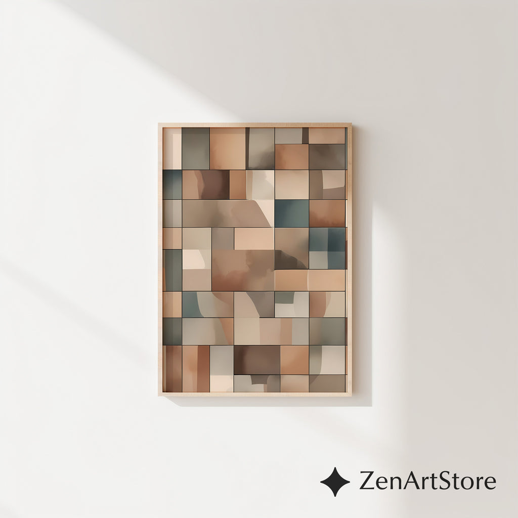 Neutral Geometric Wall Art Beige Brown Abstract Tiles Modern Minimalist Home Decor