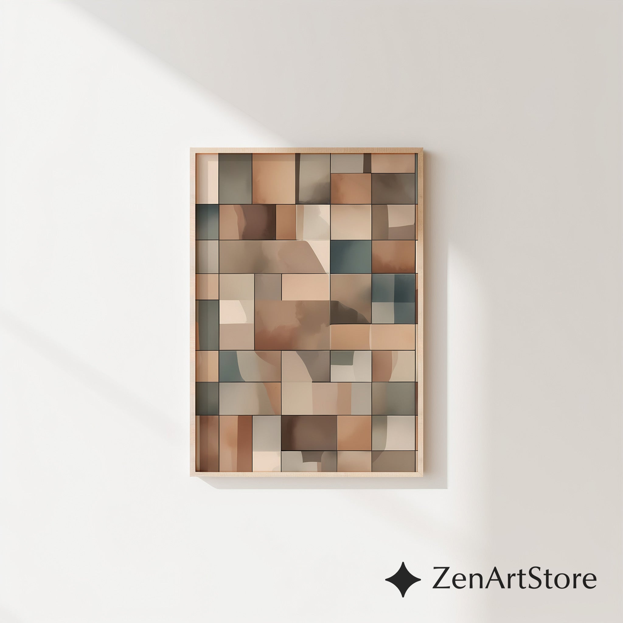 Neutral Geometric Wall Art Beige Brown Abstract Tiles Modern Minimalist Home Decor