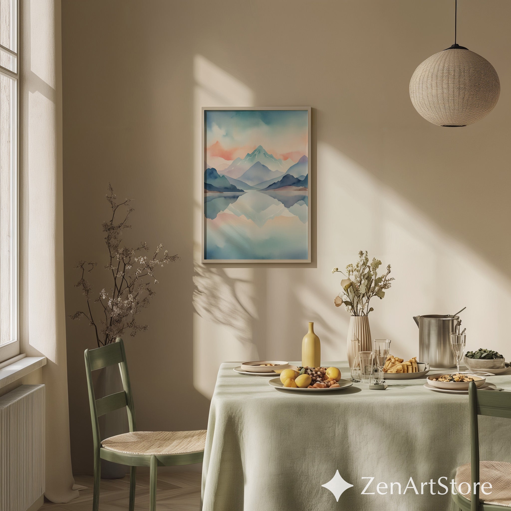 Pastel Watercolor Mountain Print - Calming Lake Reflection Wall Art for Living Room, Bedroom, Nursery - Minimal Japandi Home Decor