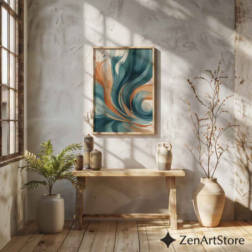 Abstract Teal & Terracotta Wall Art - Modern Minimalist Printable Canvas, Calm Japandi Living Room Decor