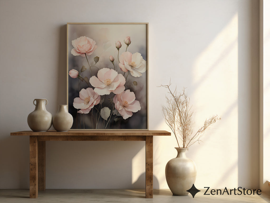 Blush Pink Poppies Floral Wall Art Print - Minimal Botanical Print, Neutral Scandinavian Japandi Home Decor