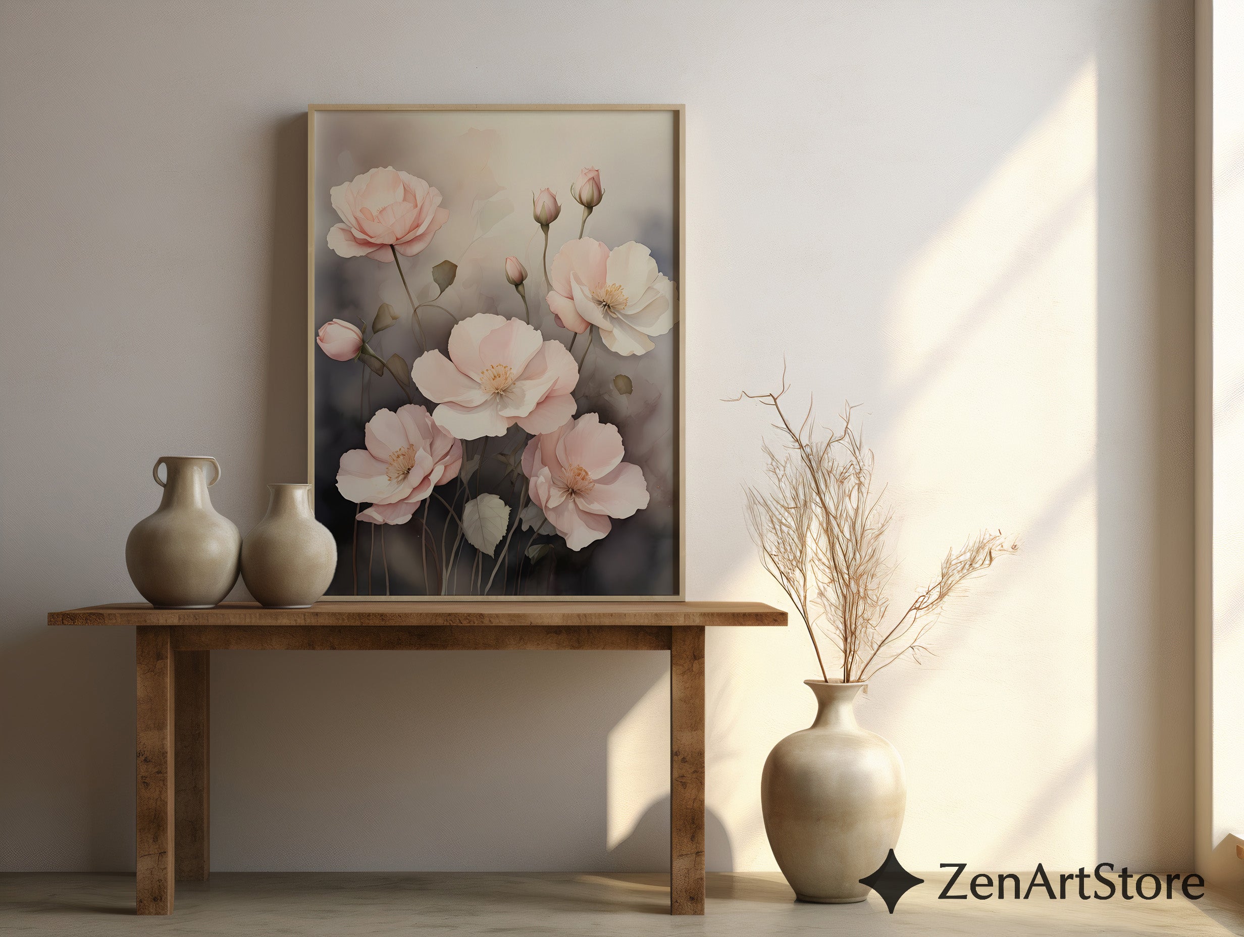 Blush Pink Poppies Floral Wall Art Print - Minimal Botanical Print, Neutral Scandinavian Japandi Home Decor