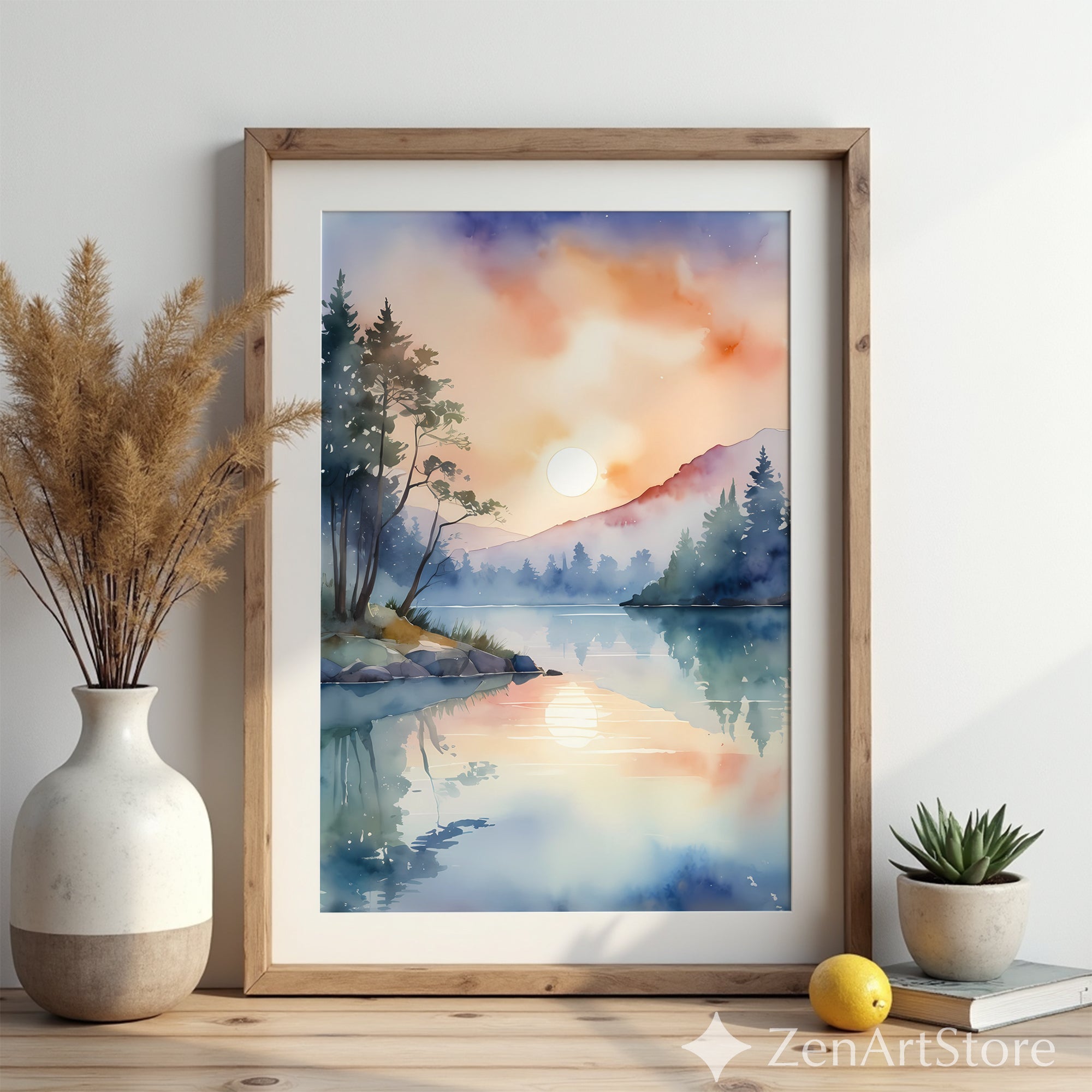 Sunrise Lake Watercolor Print - Misty Mountain Reflection Wall Art, Serene Zen Minimal Nature Decor