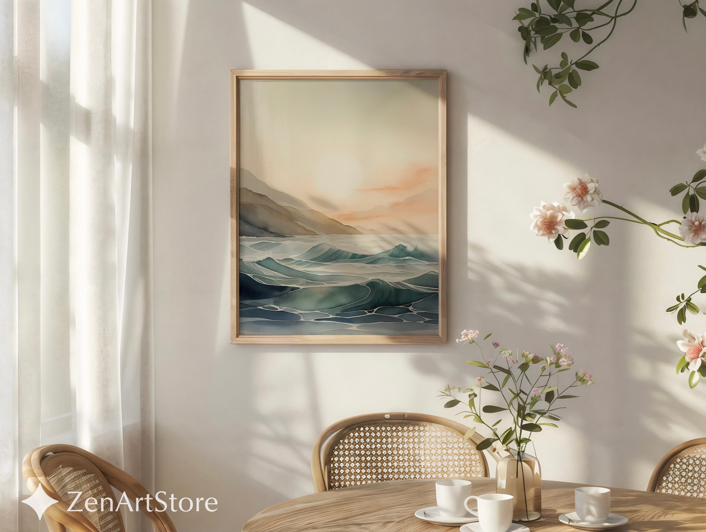Calm Coastal Sunrise Seascape - Minimal Japandi Ocean Wall Art, Neutral Beige & Blue Landscape Print for Living Room