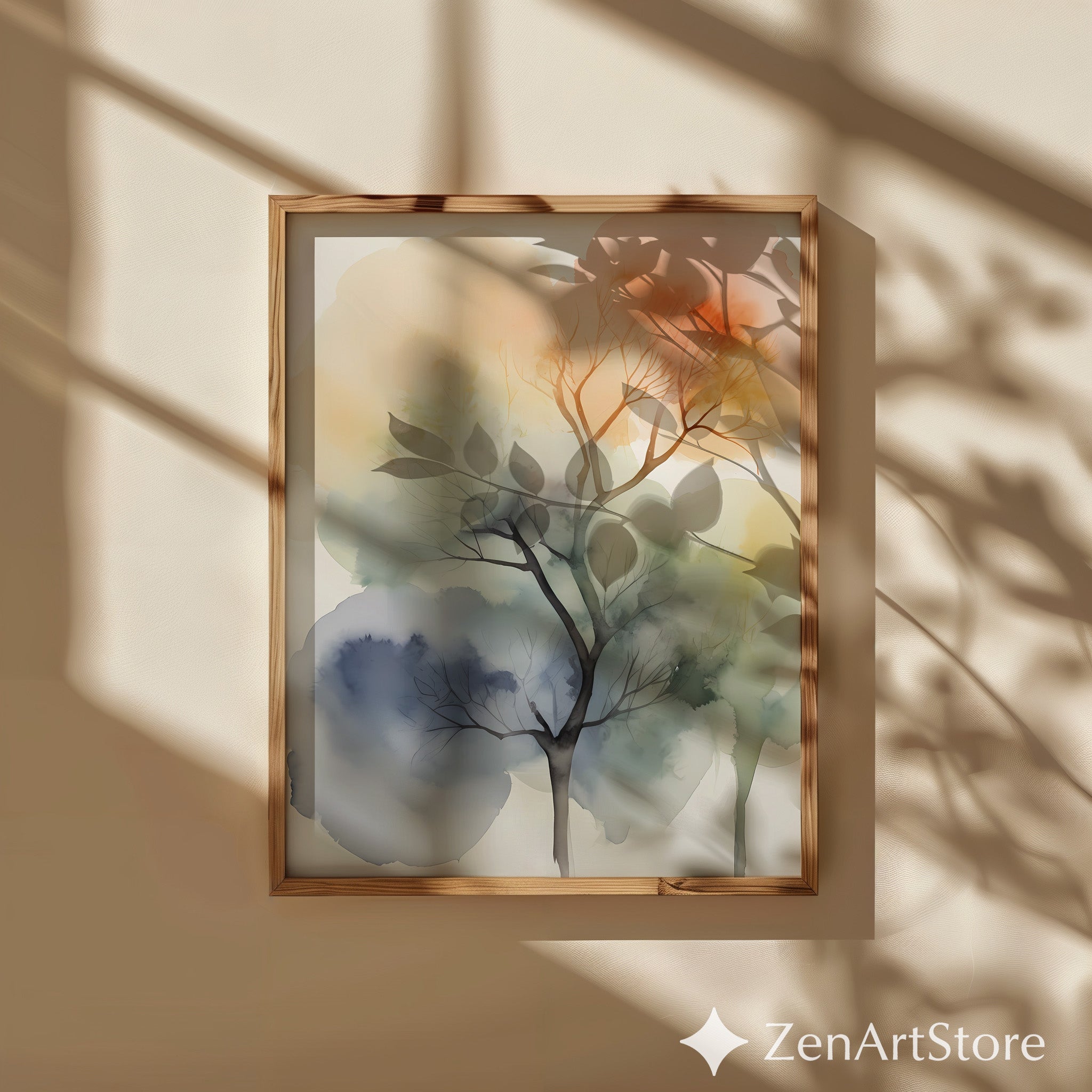 Watercolor Tree Art Print - Neutral Abstract Botanical Wall Art in Beige Blue Orange - Minimal Zen Japandi Home Decor