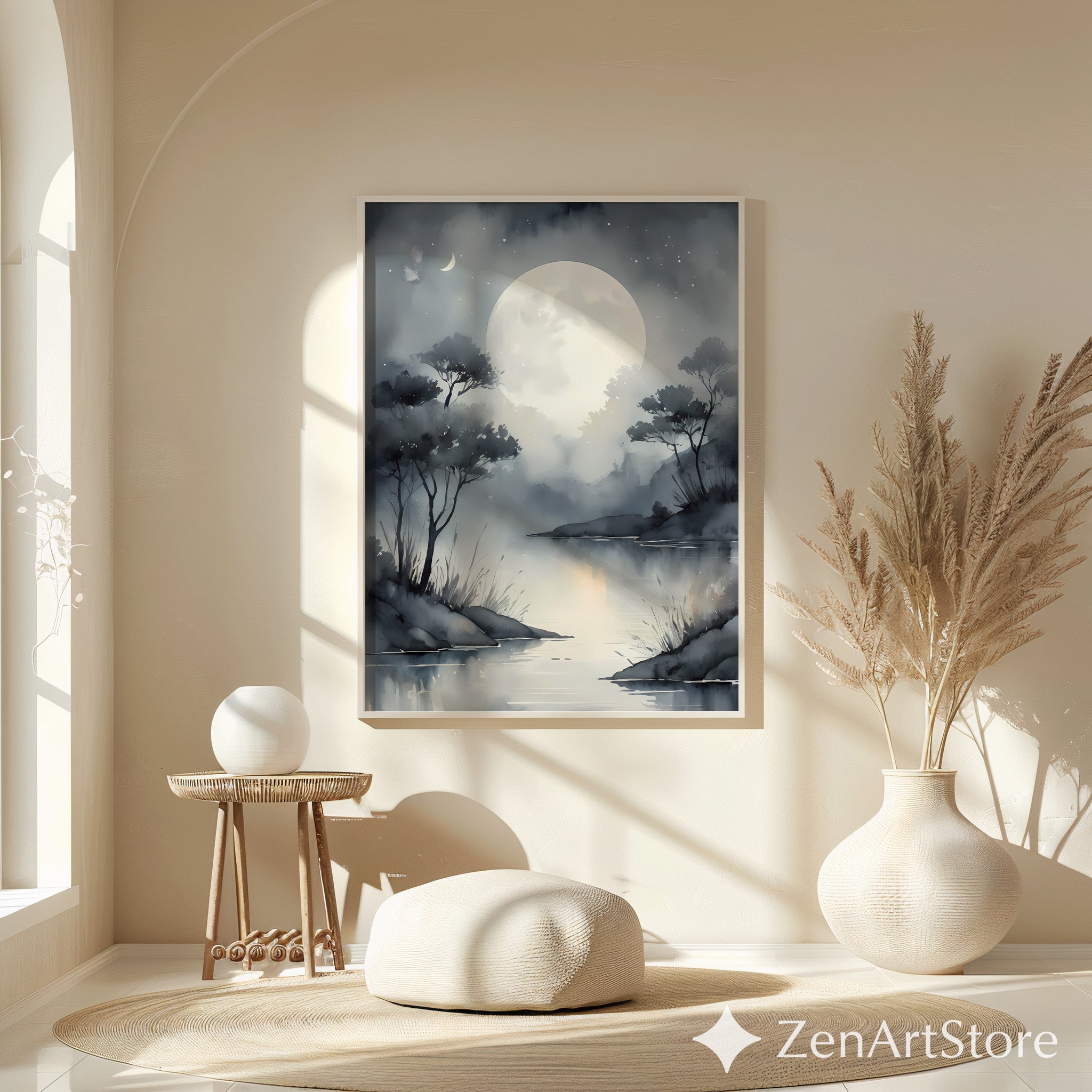 Moonlit Lake Wall Art Print - Serene Minimalist Moon Landscape, Grayscale Japandi Zen Home Decor