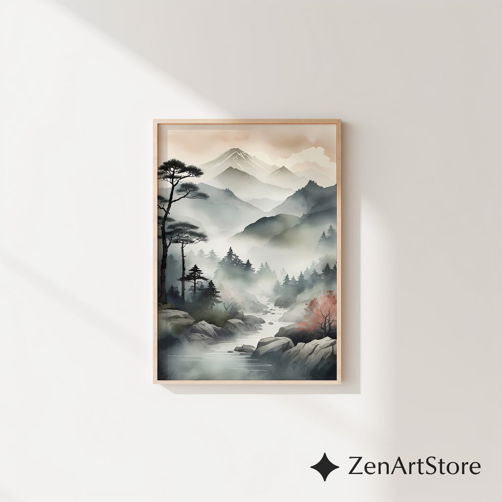 Zen Japanese Mountain Mist Printable Wall Art - Minimal Sumi-e Landscape for Calm Home