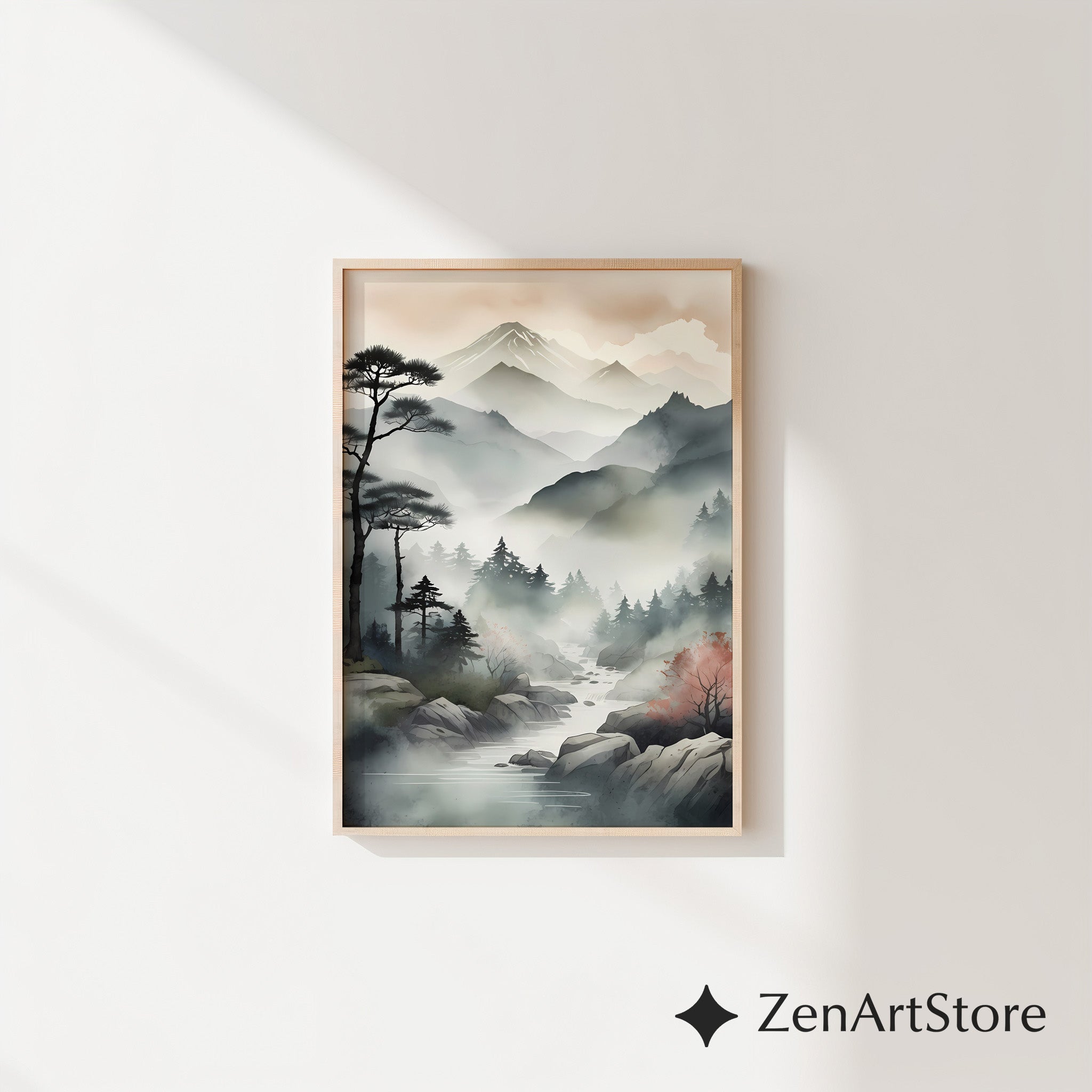 Zen Japanese Mountain Mist Printable Wall Art - Minimal Sumi-e Landscape for Calm Home