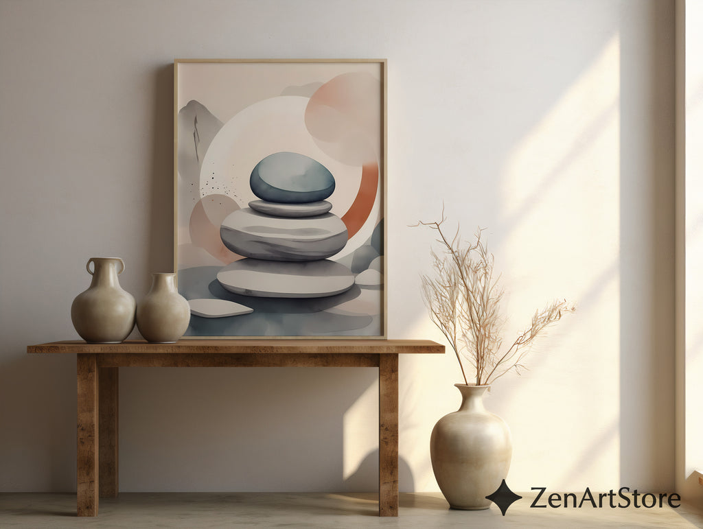 Zen Stone Stack Wall Art - Minimal Japandi Neutral Abstract Print for Living Room, Bedroom, Spa Decor