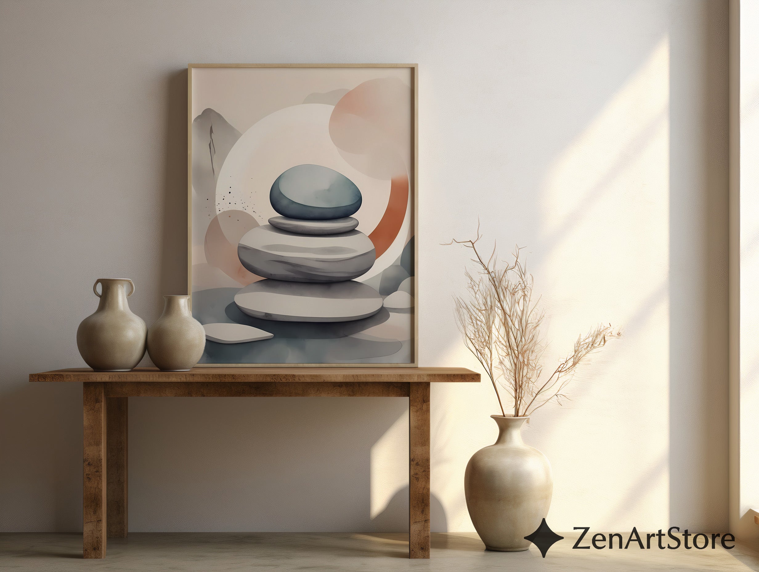 Zen Stone Stack Wall Art - Minimal Japandi Neutral Abstract Print for Living Room, Bedroom, Spa Decor