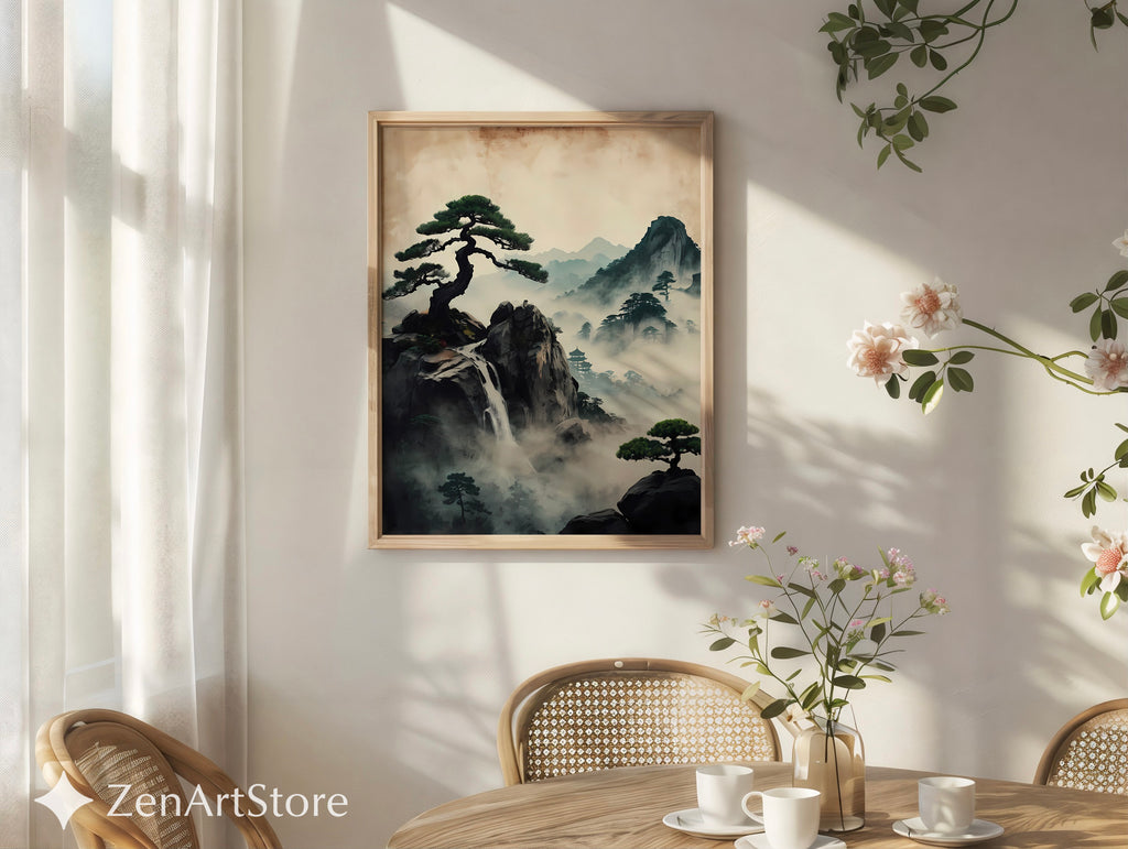 Zen Misty Mountain Landscape Print - Japanese Waterfall Bonsai Wall Art, Wabi Sabi Home Decor