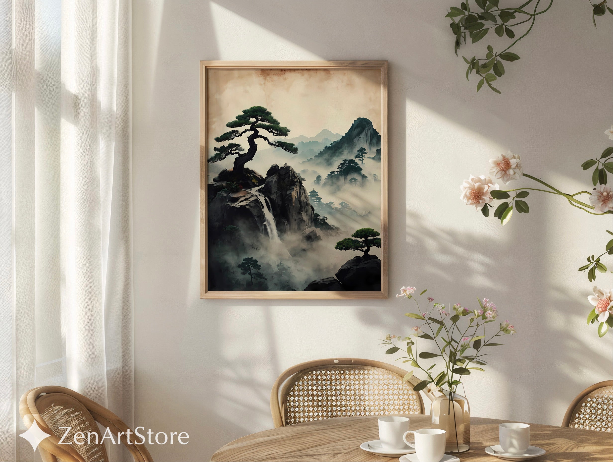 Zen Misty Mountain Landscape Print - Japanese Waterfall Bonsai Wall Art, Wabi Sabi Home Decor