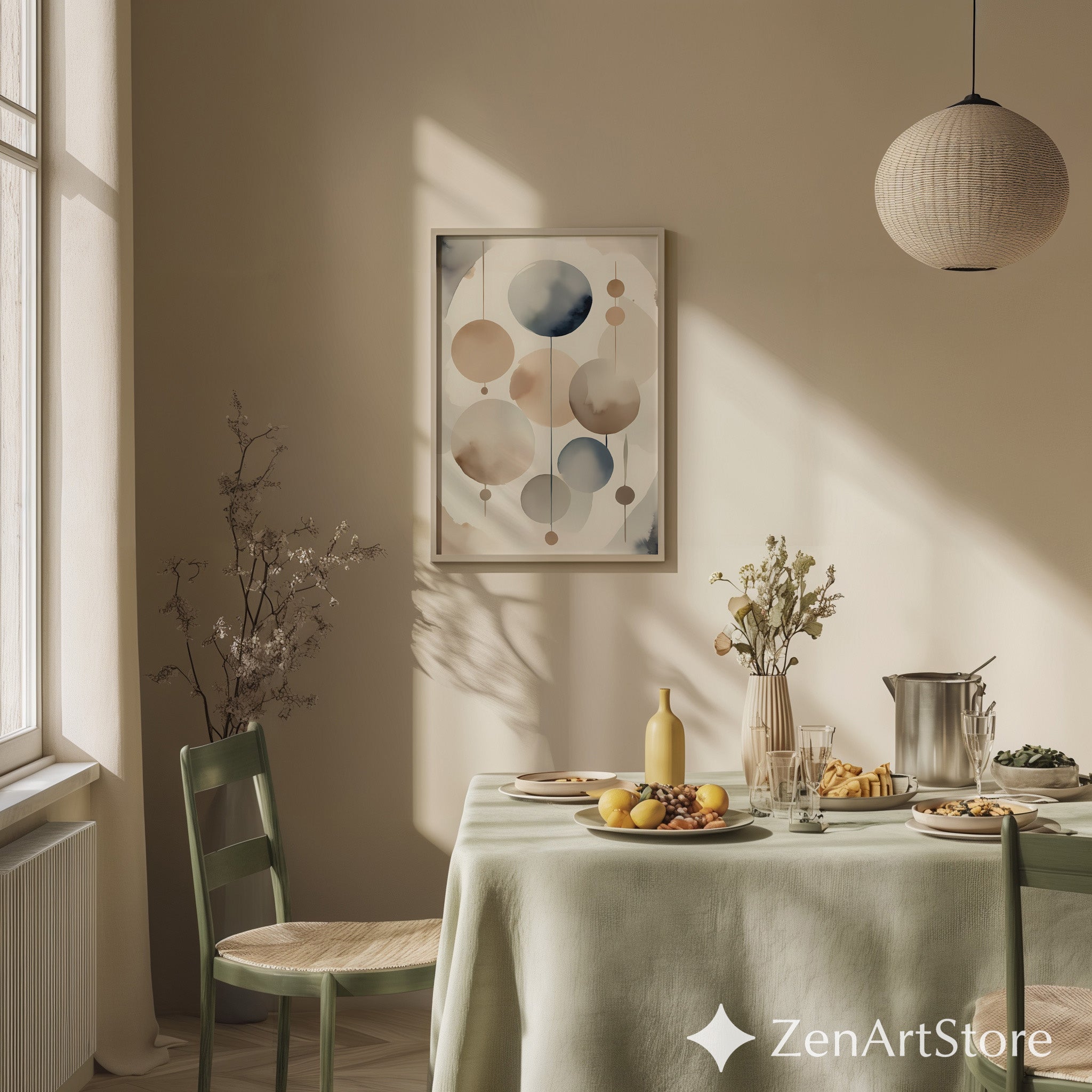 Neutral Abstract Circles Wall Art - Minimalist Japandi Scandinavian Watercolor Print for Modern Living Room & Bedroom Decor