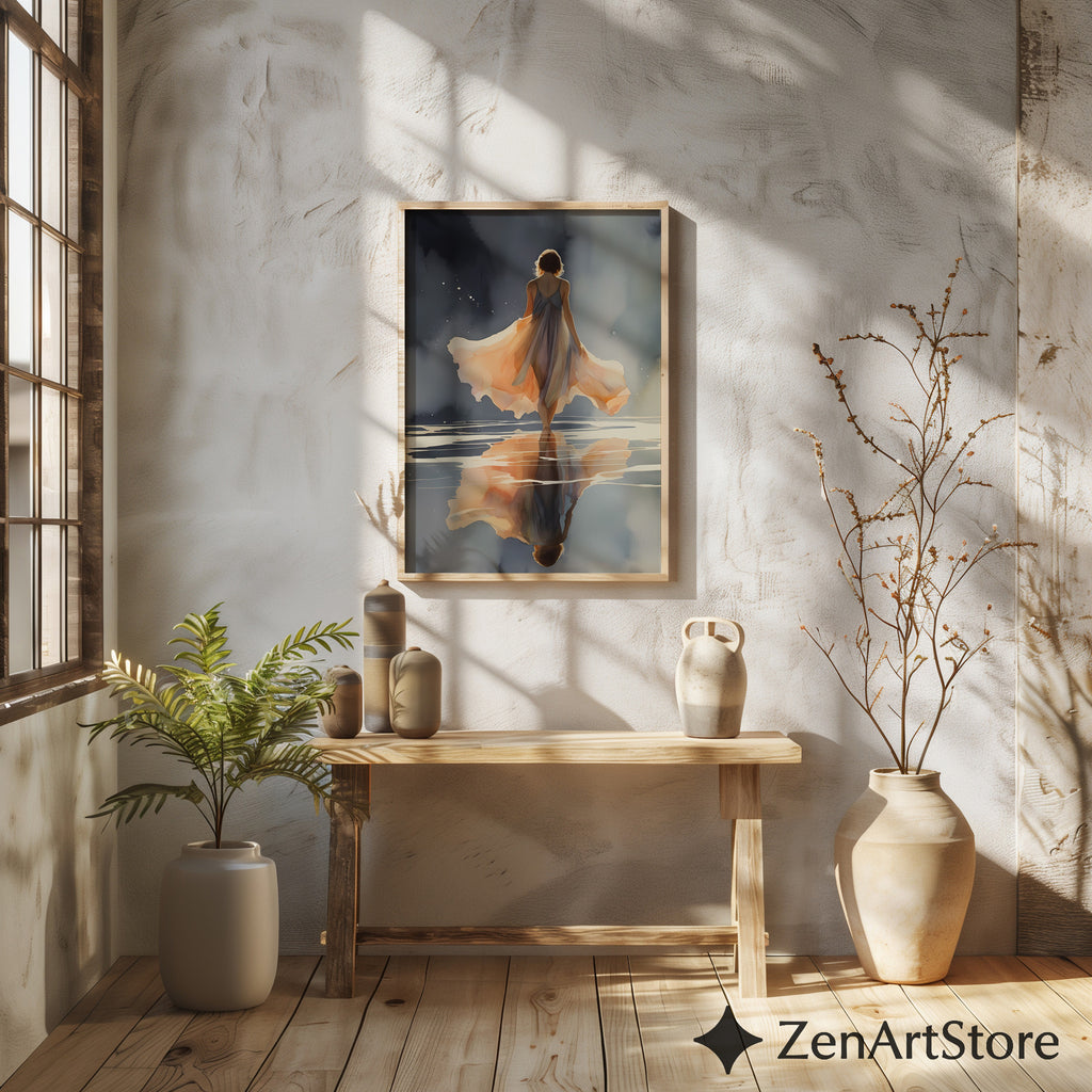 Ethereal Woman Walking on Water Art Print - Peach Reflection Minimal Zen Wall Art for Bedroom & Living Room