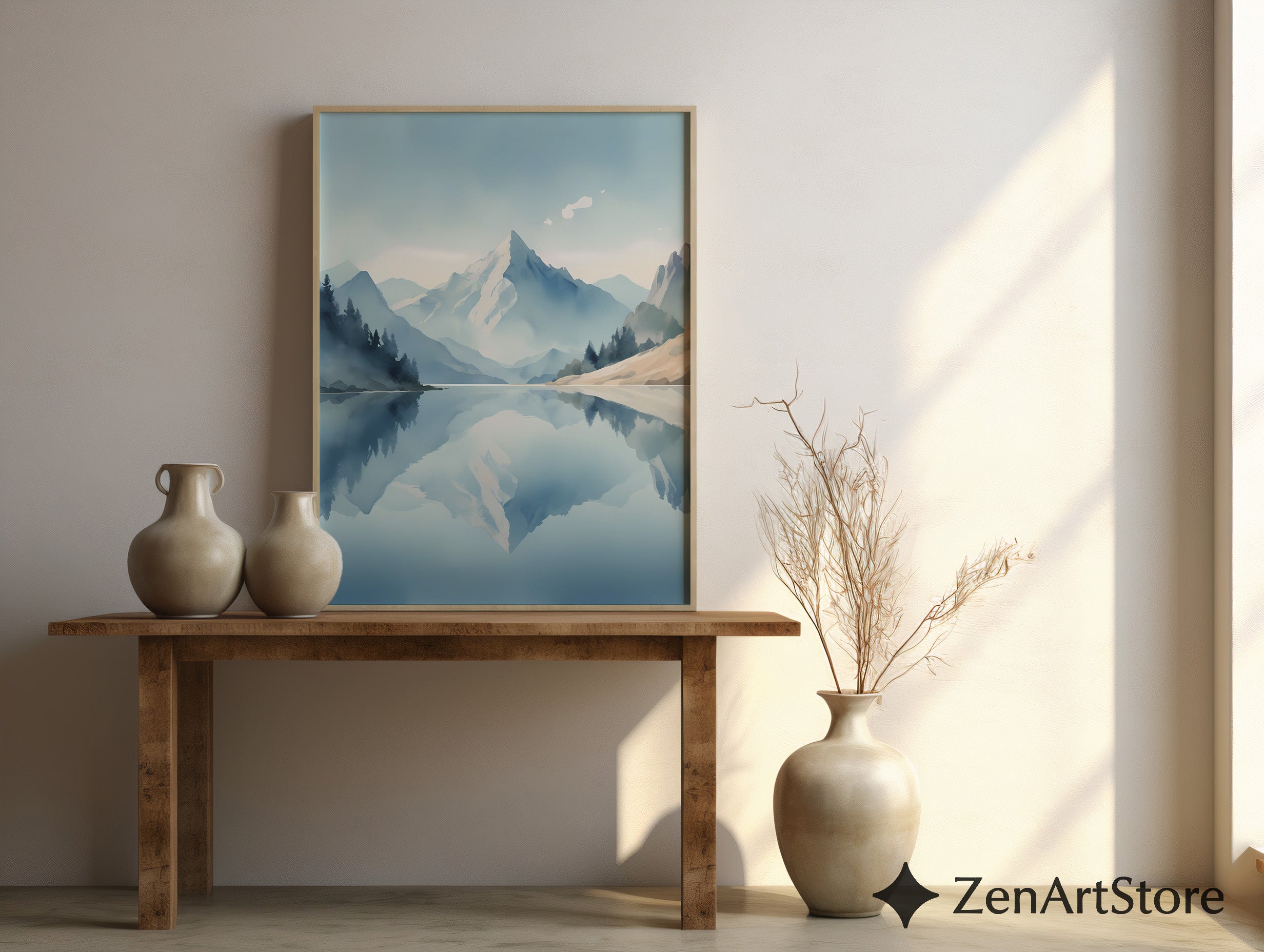 Calm Mountain Lake Wall Art Print - Minimal Blue Landscape Reflection, Scandinavian Zen Home Decor, Japandi Neutral Poster