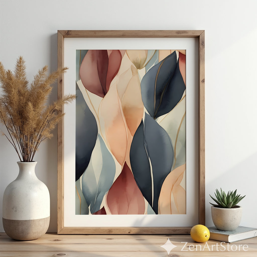 Abstract Botanical Leaf Art Print - Neutral Beige Blush Navy Wall Decor - Japandi Minimalist Modern Home Decor
