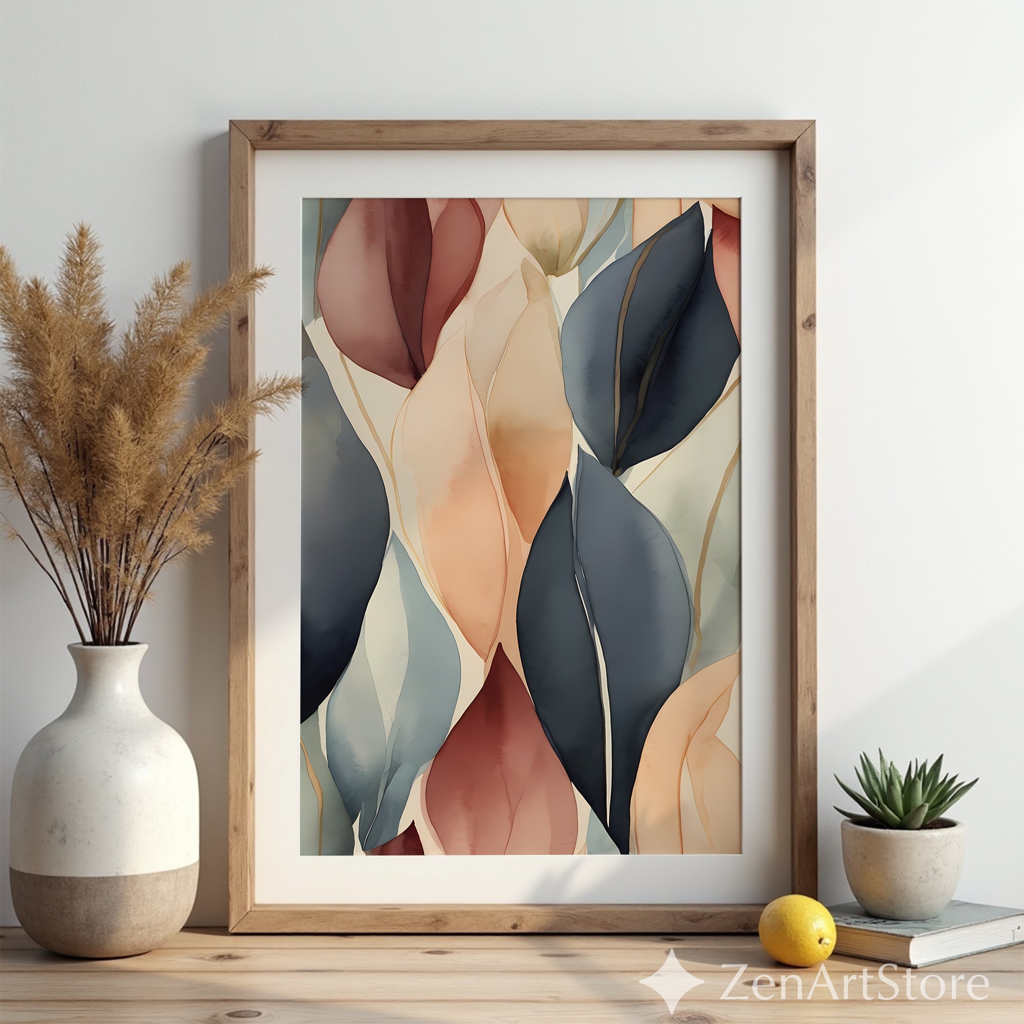 Abstract Botanical Leaf Art Print - Neutral Beige Blush Navy Wall Decor - Japandi Minimalist Modern Home Decor