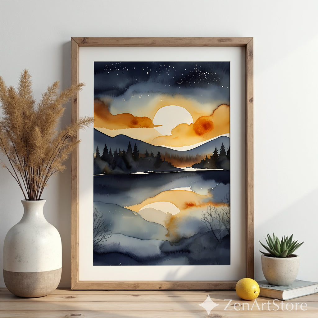 Serene Sunset Lake Watercolor Print - Moody Navy and Gold Mountain Landscape Wall Art
