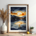 Serene Sunset Lake Watercolor Print - Moody Navy and Gold Mountain Landscape Wall Art