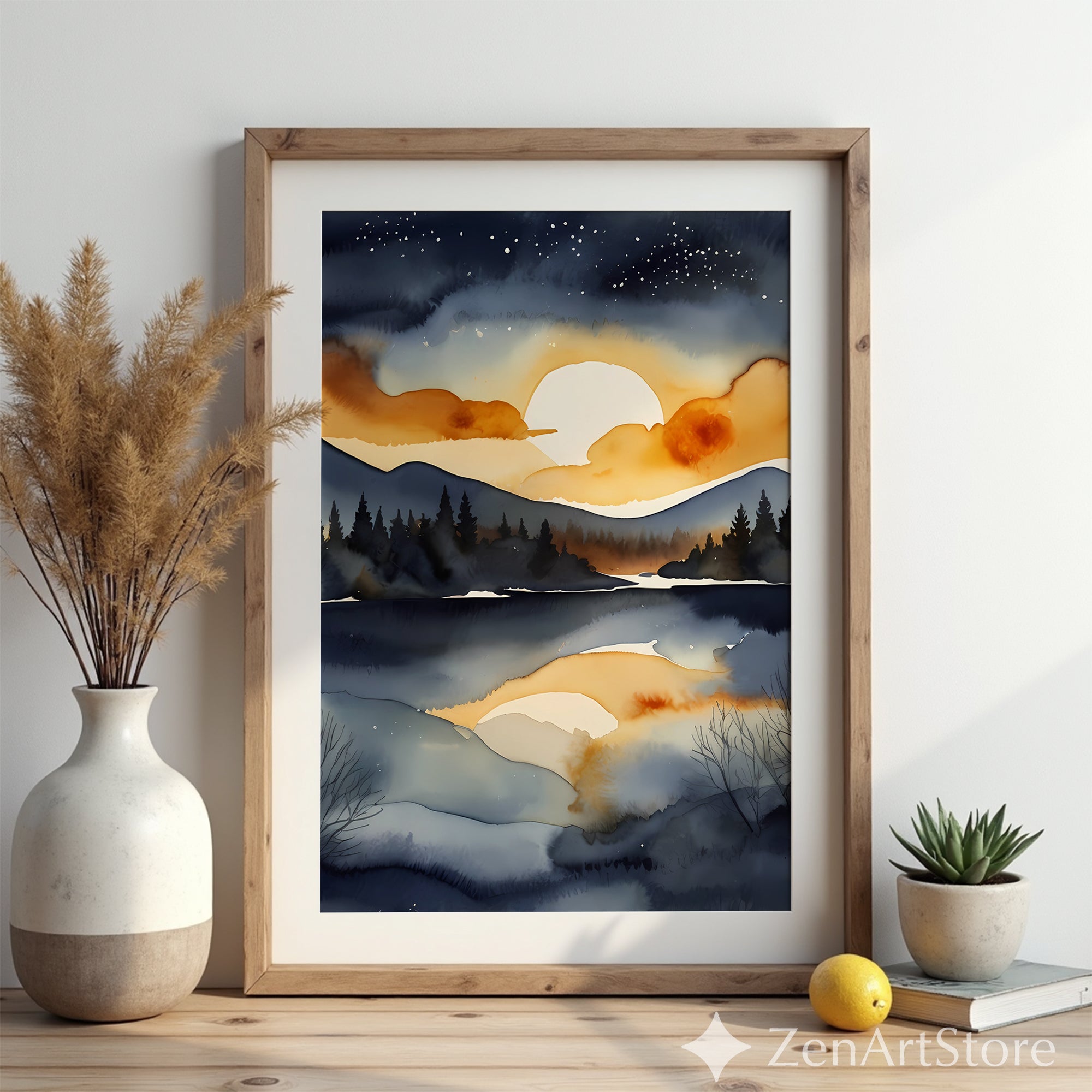 Serene Sunset Lake Watercolor Print - Moody Navy and Gold Mountain Landscape Wall Art