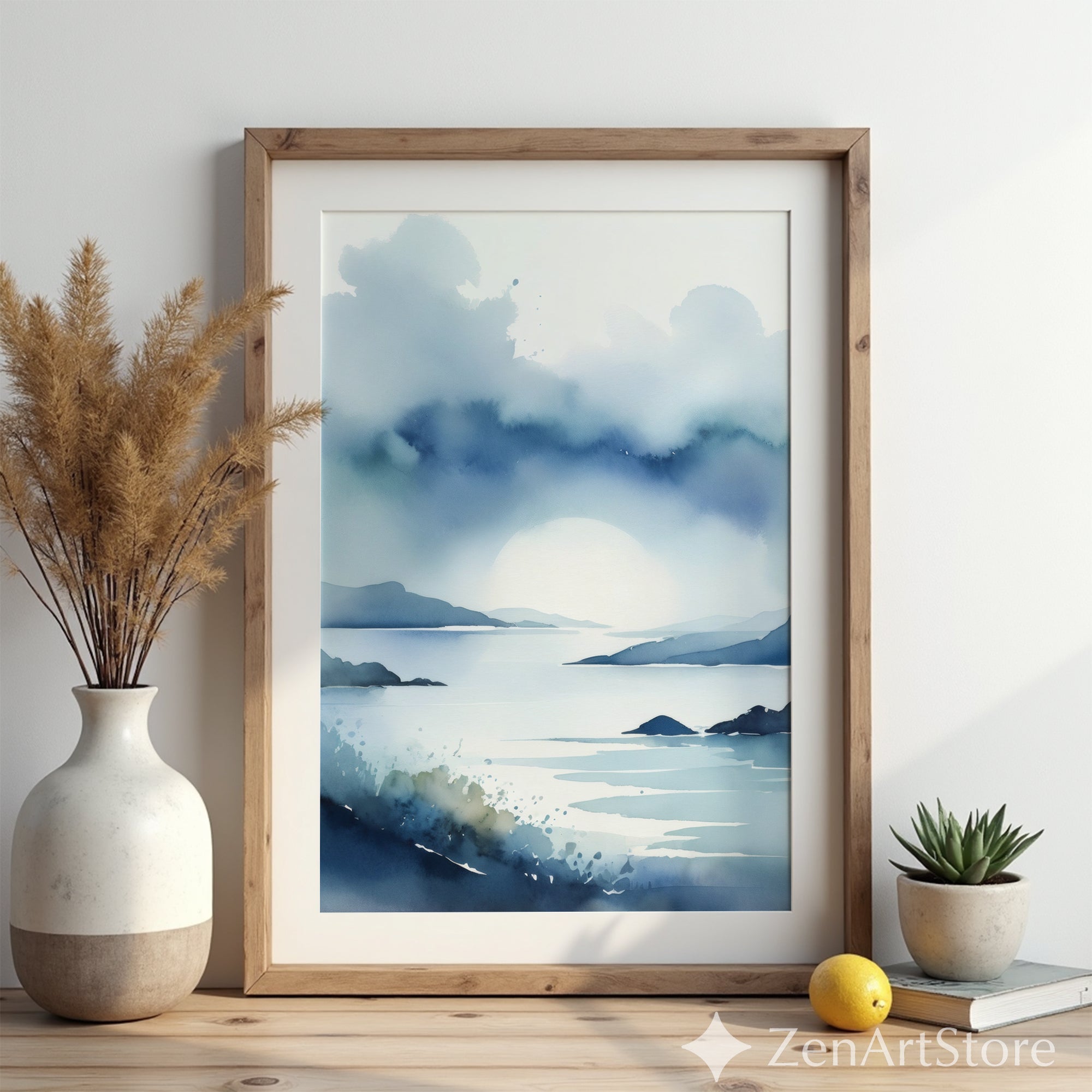 Serene Blue Coastal Watercolor Print – Minimal Seascape Wall Art for Bedroom, Living Room, Zen Japandi Home Decor