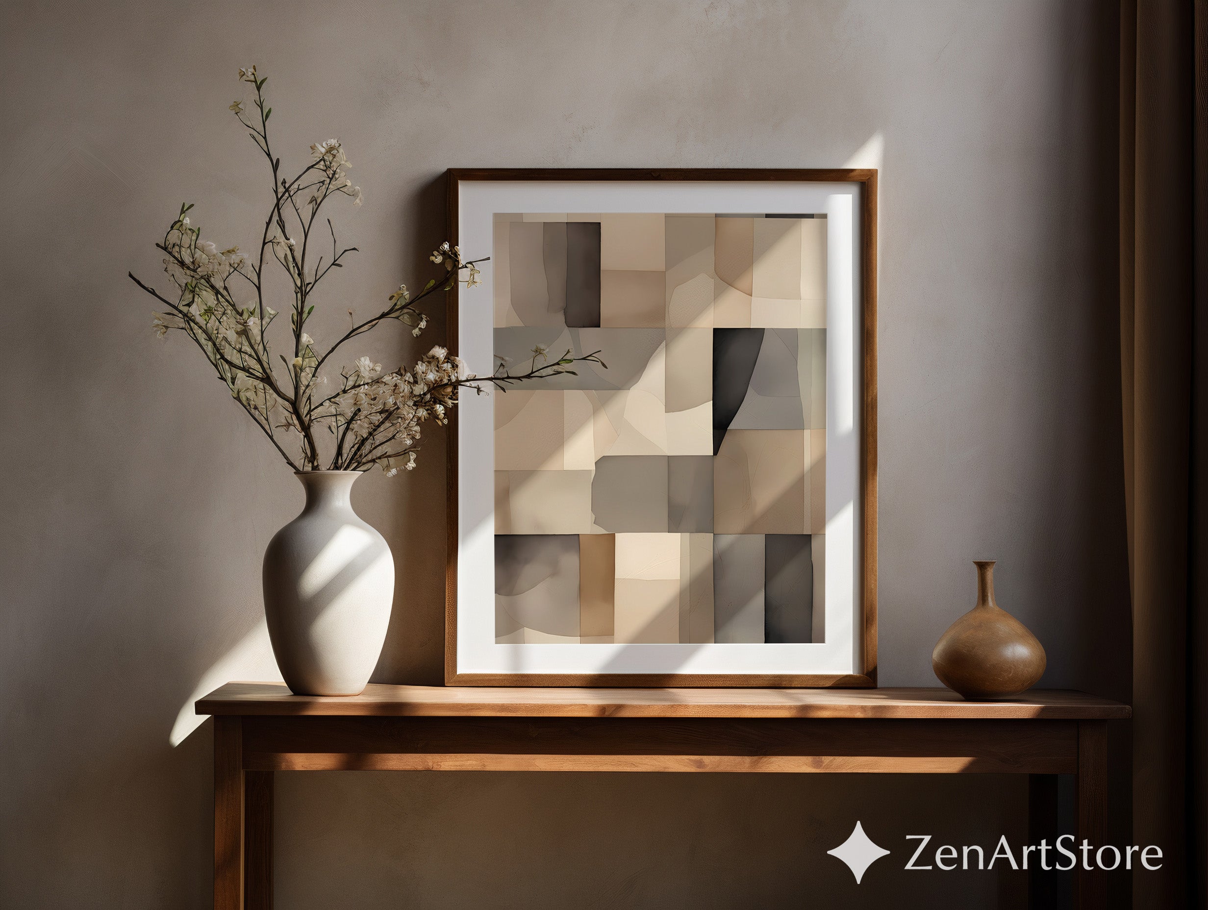 Neutral Abstract Patchwork Wall Art - Minimal Beige Brown Geometric Print for Japandi & Scandinavian Home Decor