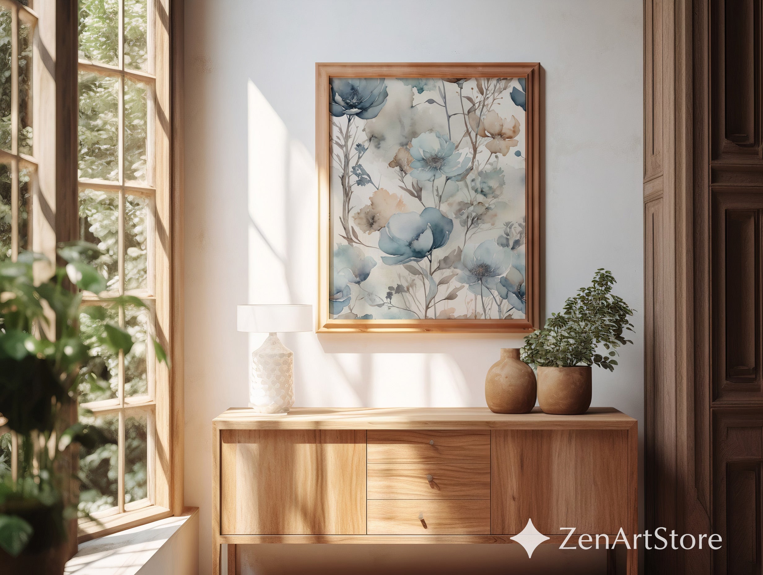 Soft Blue Watercolor Floral Wallpaper Mural - Neutral Botanical Wall Art, Modern Japandi Beige & Blue Floral Print