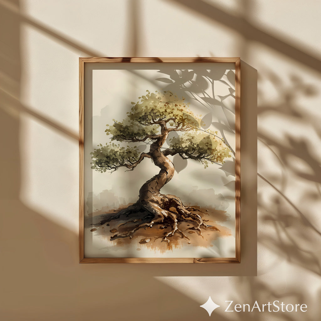 Bonsai Tree Art Print - Minimal Zen Wall Decor, Neutral Wabi Sabi Botanical Illustration for Japandi & Scandinavian Homes