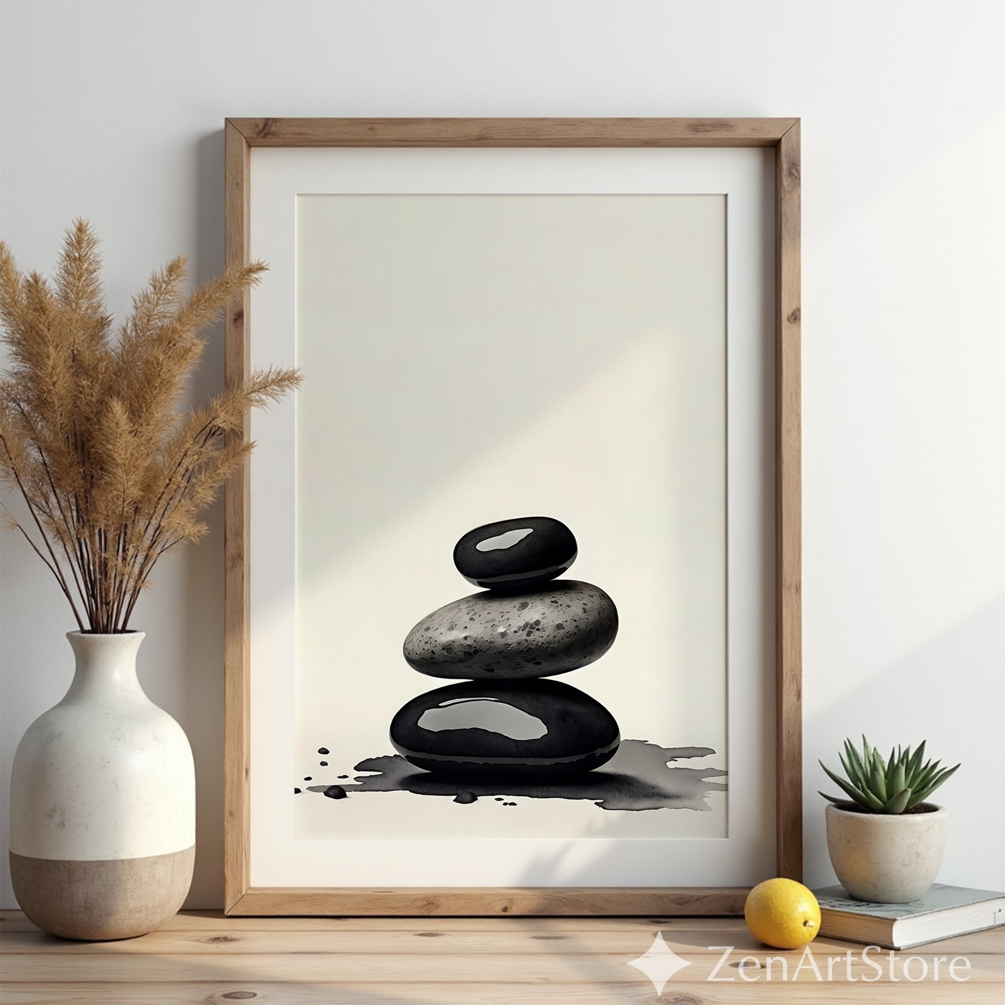Zen Stone Stack Print - Minimal Black & Beige Spa Wall Art, Wabi Sabi Japandi Neutral Home Decor