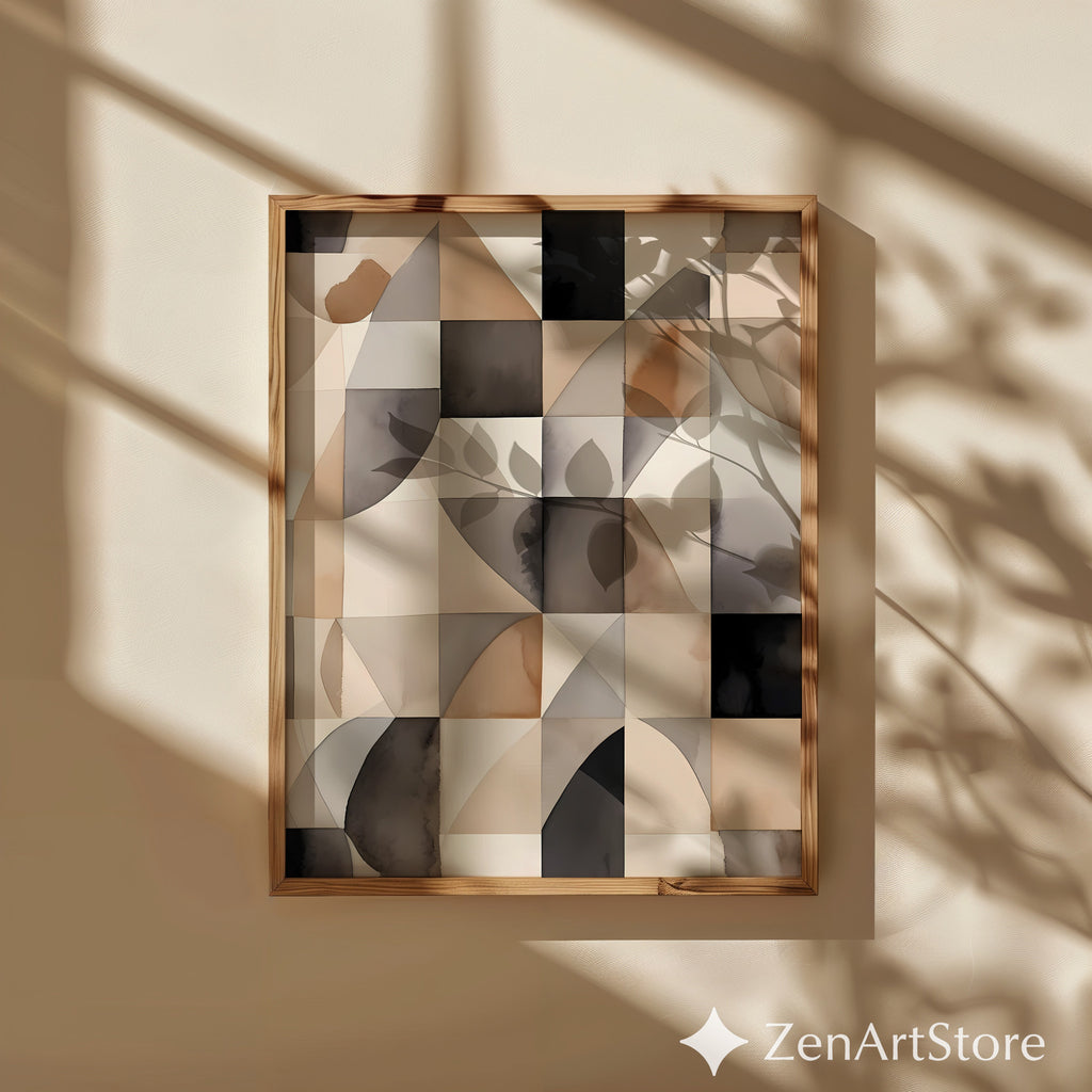 Neutral Geometric Abstract Art Print - Beige Brown Black Minimal Japandi Wabi Sabi Wall Decor