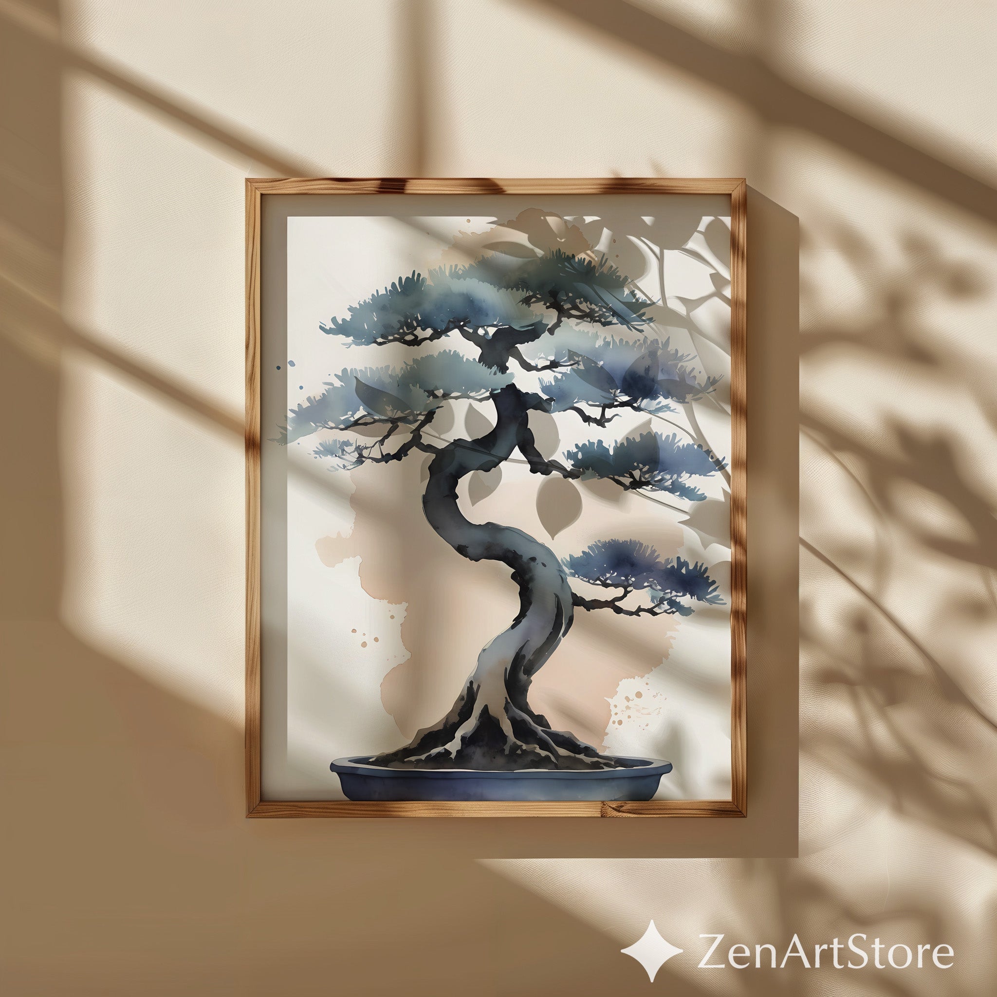 Minimal Bonsai Watercolor Art Print - Japandi Zen Wall Decor, Neutral Blue Beige Botanical Painting for Modern Home